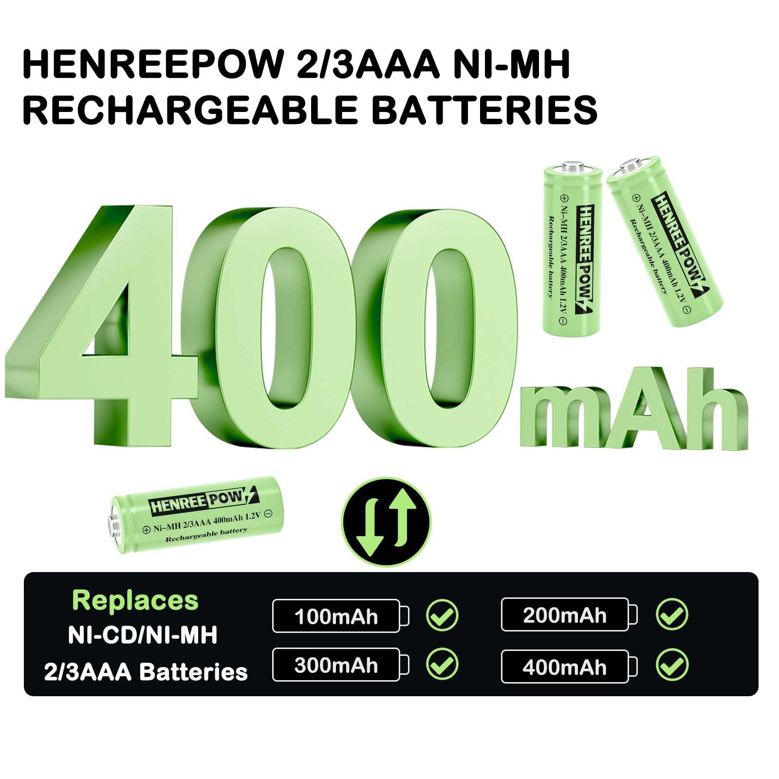 Henreepow 2/3Aaa Solar Battery, 2/3Aaa 400Mah Rechargeable Battery, 2/3Aaa 1.2V Low Self-Discharge Rechargeable Battery 4 Pack F