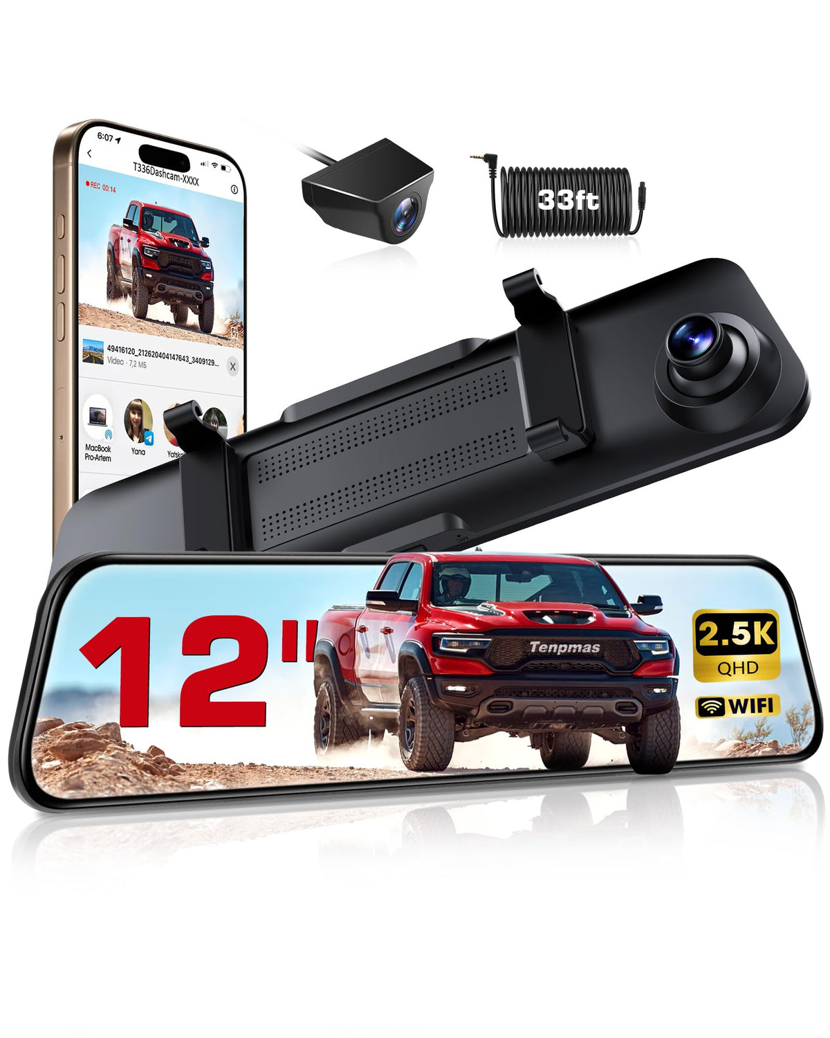 12'' Wifi Mirror Dash Cam 2.5K Rear View Mirror Camera Mirror Dash Cam Front And Rear Backup Camera For Car Waterproof 1080P Rea