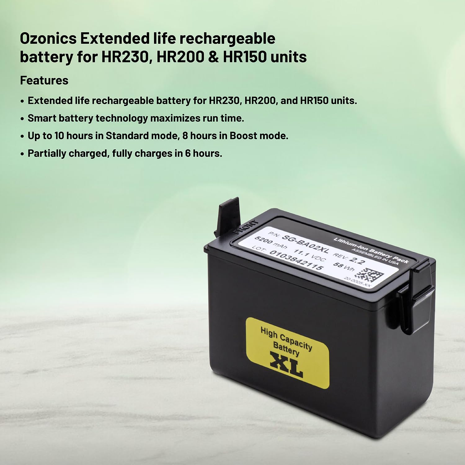 Ozonics Sg Ba02Xl Extended Life Battery   Smart Battery Technology For Hr230, Hr200, Or Hr150 Scent Eliminator   Enjoy Extended Scent Elimination For 10 Hours In Standard & 8 Hours In Boost Mode