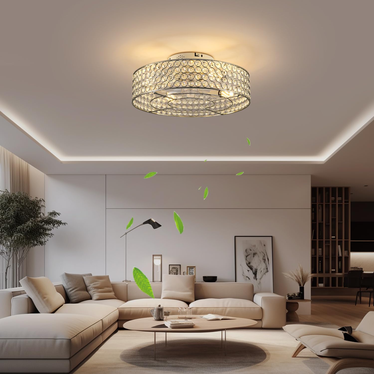 Hueoczw Modern Low Profile Ceiling Fans With Lights And Remote, 20 Inch Crystal Bladeless Flush Mount Caged Ceiling Fan For Bedr