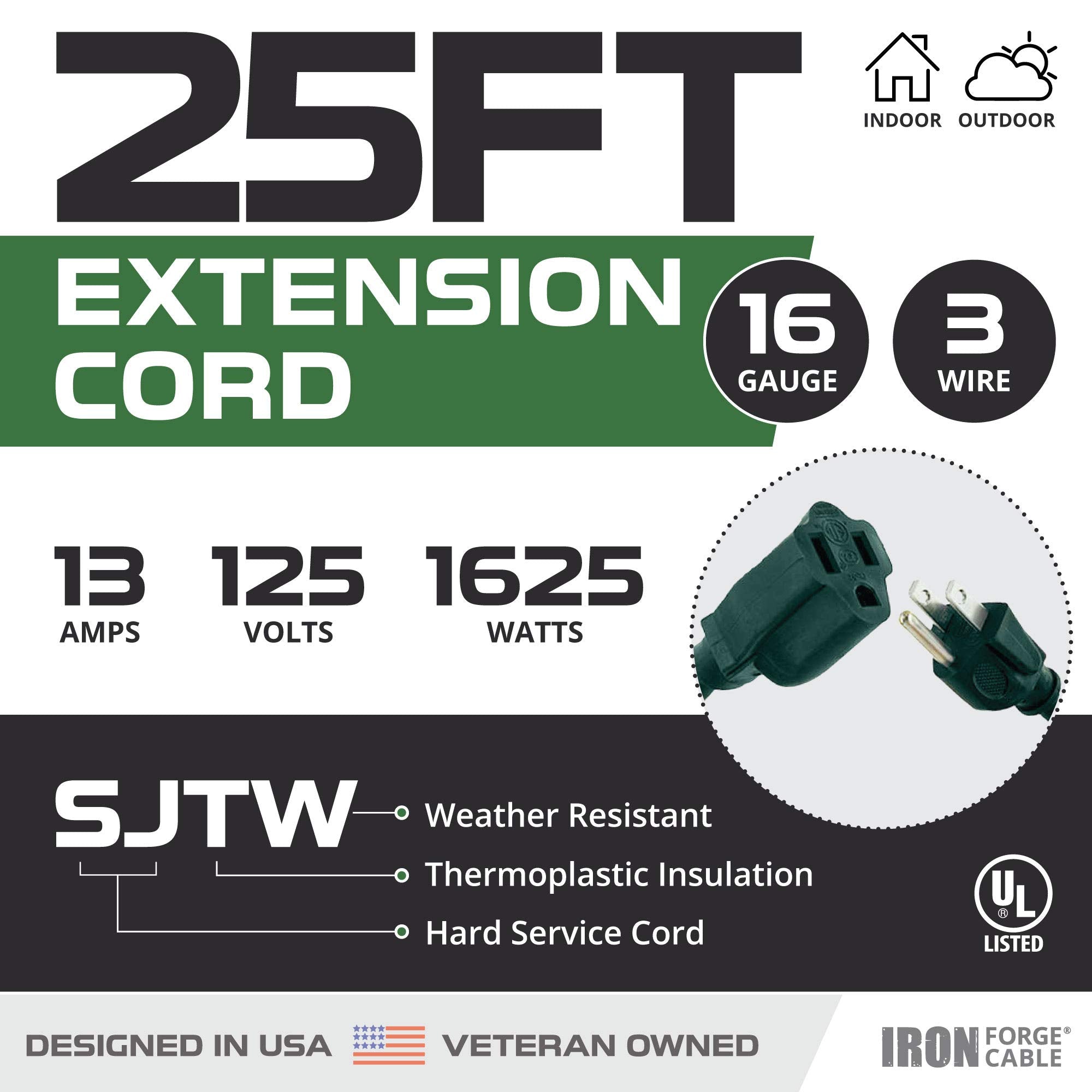 Iron Forge Cable 25 Foot Outdoor Extension Cord   16/3 Sjtw Durable Green Extension Cable With 3 Prong Grounded Plug For Safety