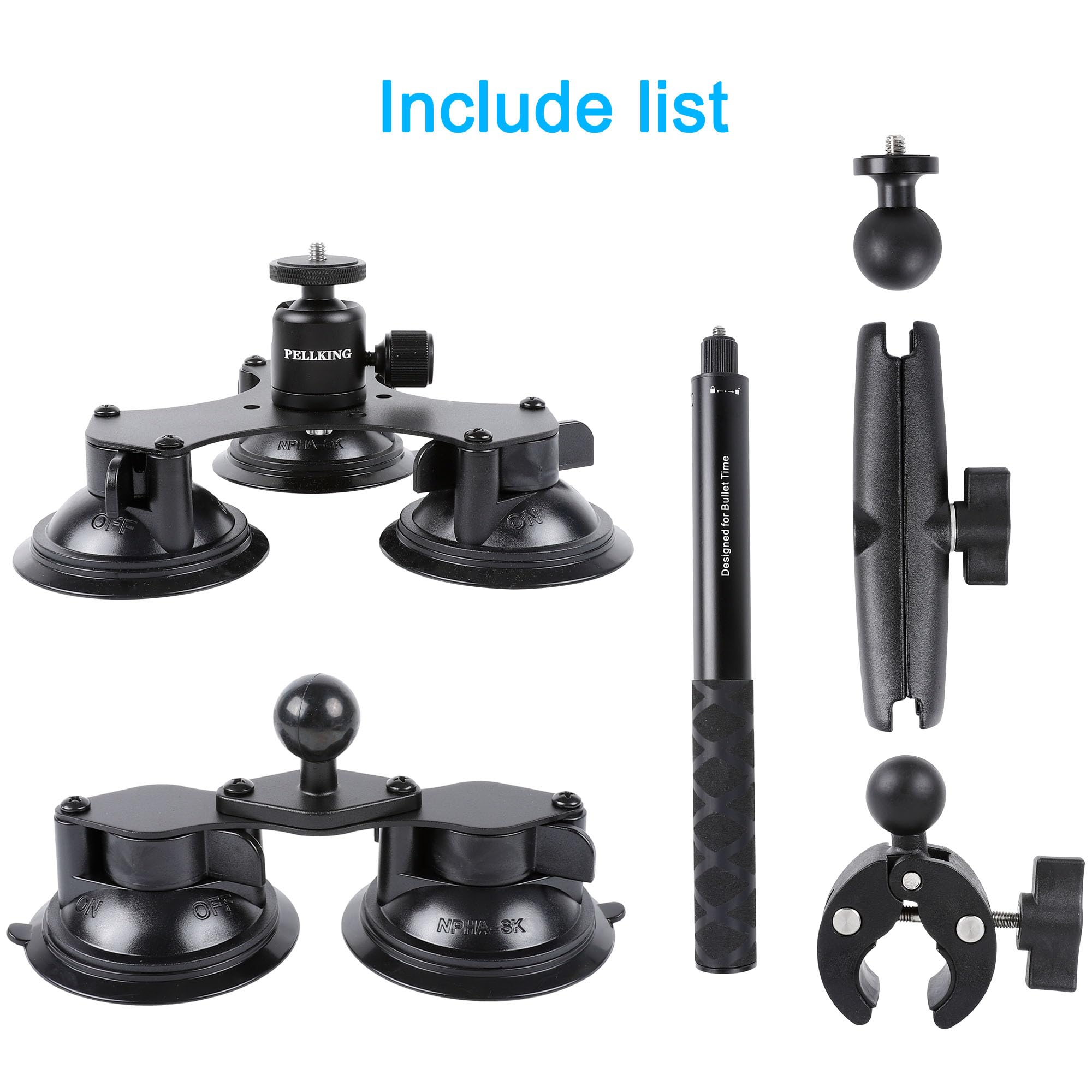 PellKing Suction Car Mount Kit for Insta360 & GoPro - 5-in-1 with 44.9-inch Selfie Stick, Black, Model 691685d8-95b