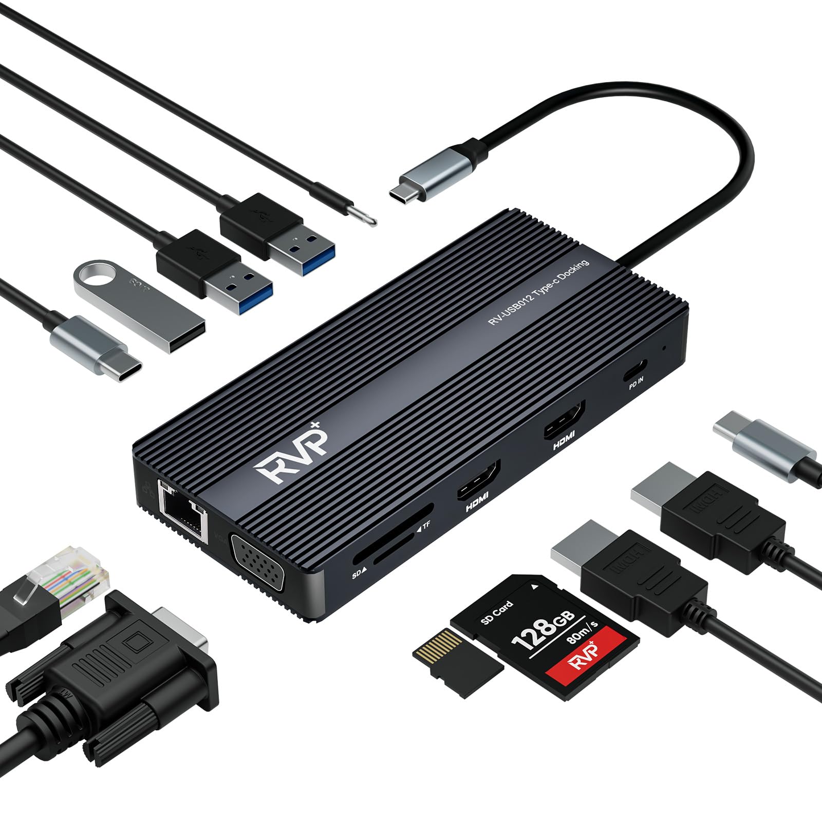 RVP+ USB C Docking Station 3 Monitors, 12in1, Triple Display4K HDMI Dual Monitors & VGA, 5Gbps USBC/A Data Transfer, USB 3.0