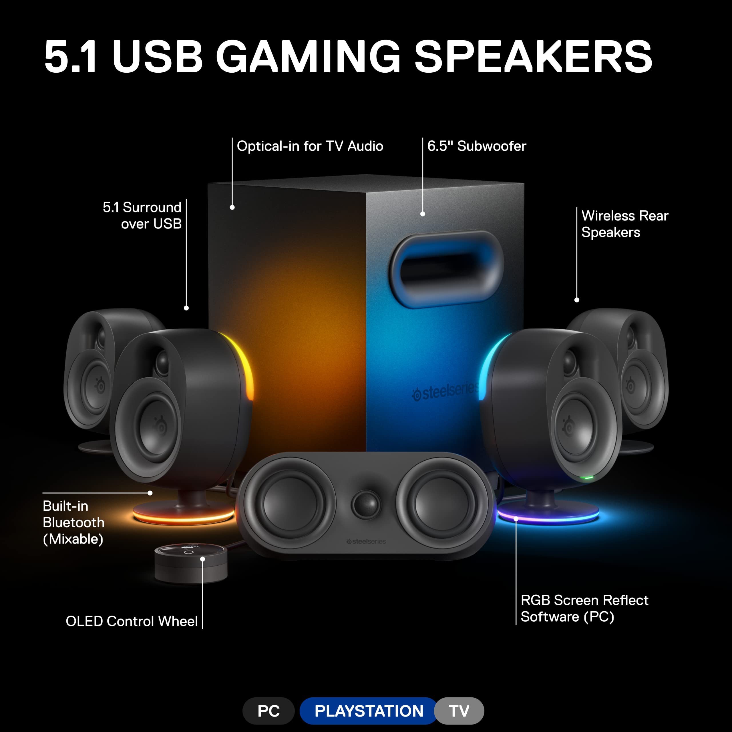 Steelseries Arena 9 Illuminated 5.1 Desktop Gaming Speakers - 5.1 Usb Surround Sound - Wireless Rear Speakers - 2-Way Speaker De
