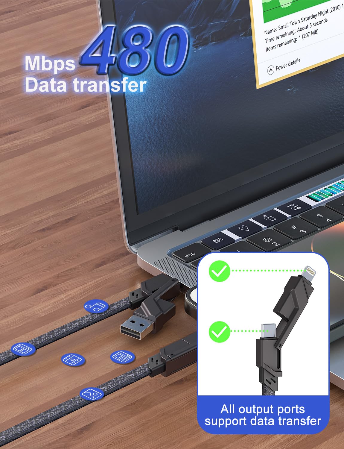 4 In 1 Usb C Cable Lightning Cable 10Ft [60W Fast Charging & Data Sync & Mfi Certified] Flat Braided Apple Car Play Cord & Android Auto Usb C Cable Fast Charging For Macbook, Ipad, Iphone, Samsung