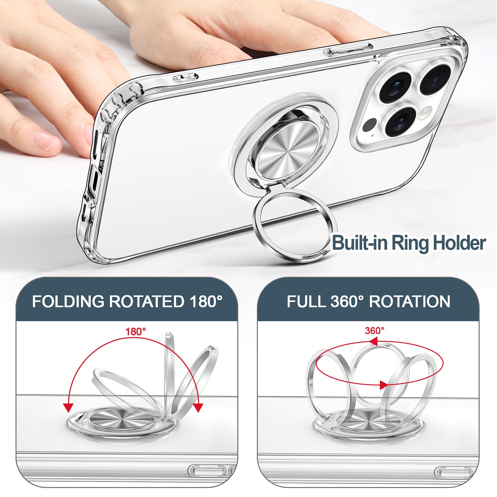 Hython Clear For Iphone 15 Pro Case With Ring Stand [360 Rotatable Ring Holder Magnetic Kickstand] [Support Car Mount] Transpare