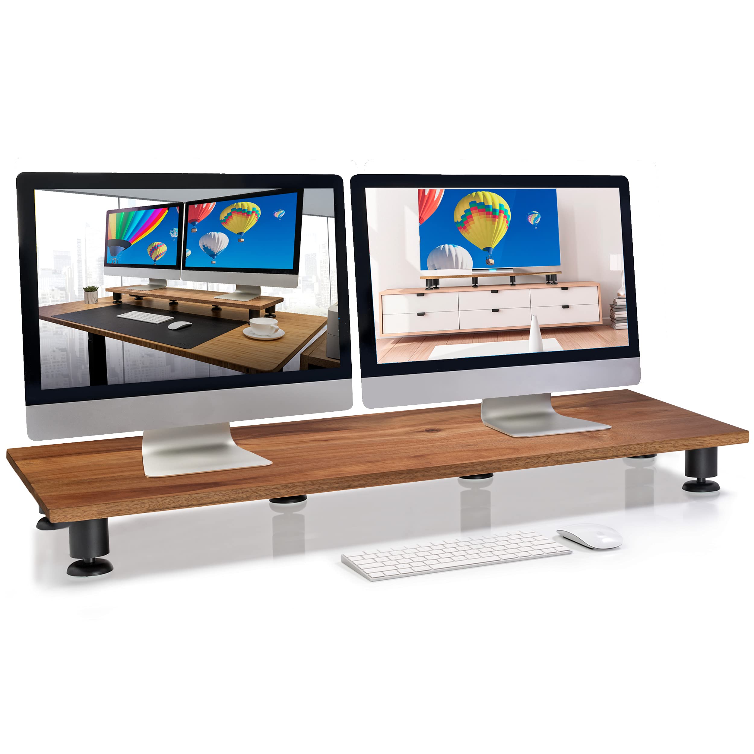Nordik Large Dual Monitor Riser For 2   Premium Handmade Hardwood Acacia Computer   Laptop Tv Stand With Storage For Desk Access