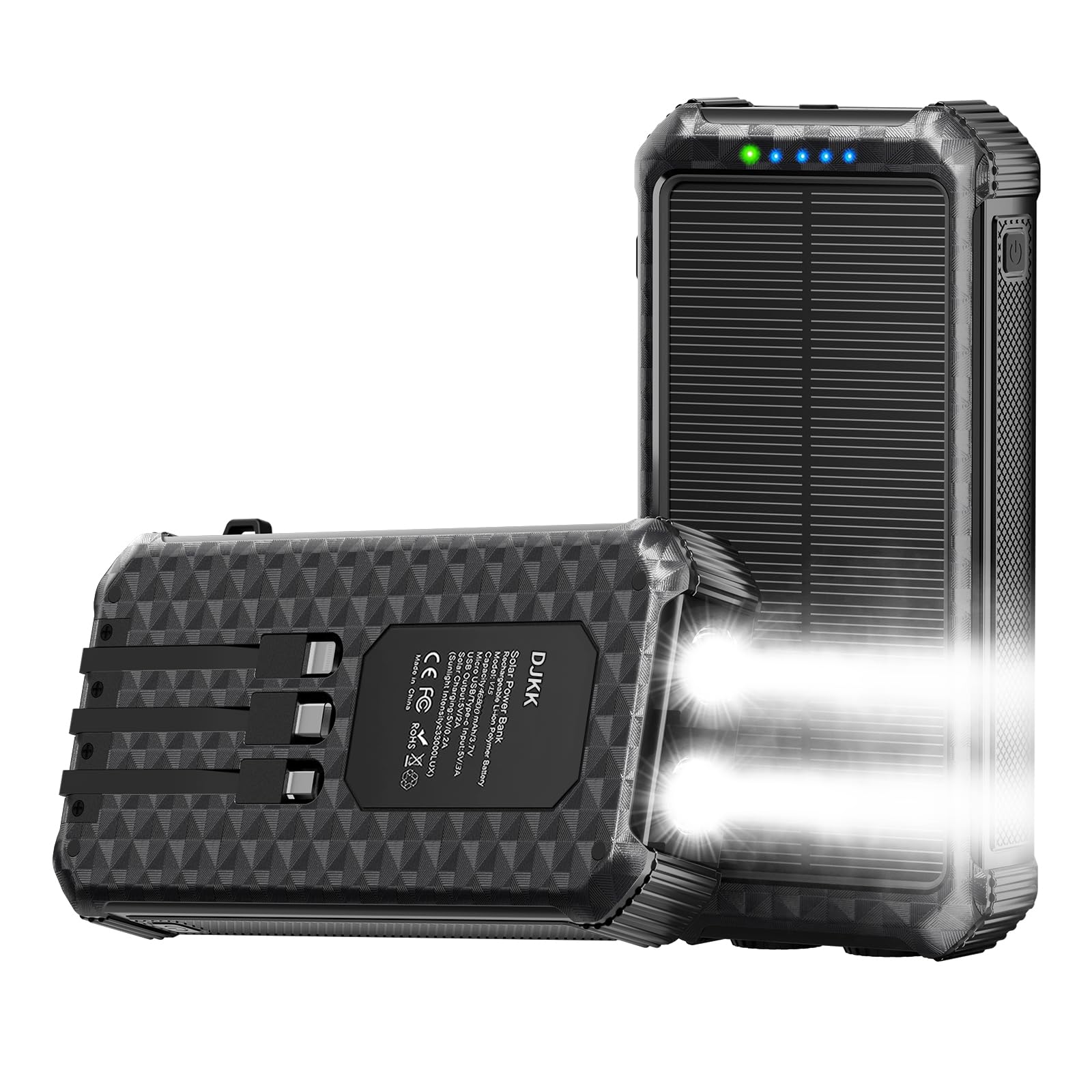 Solar Portable Charger Power Bank:46800mAh Phone Powered Battery Pack Built-in 3 Cables 15w Fast Charging 4 Output for All Mobil