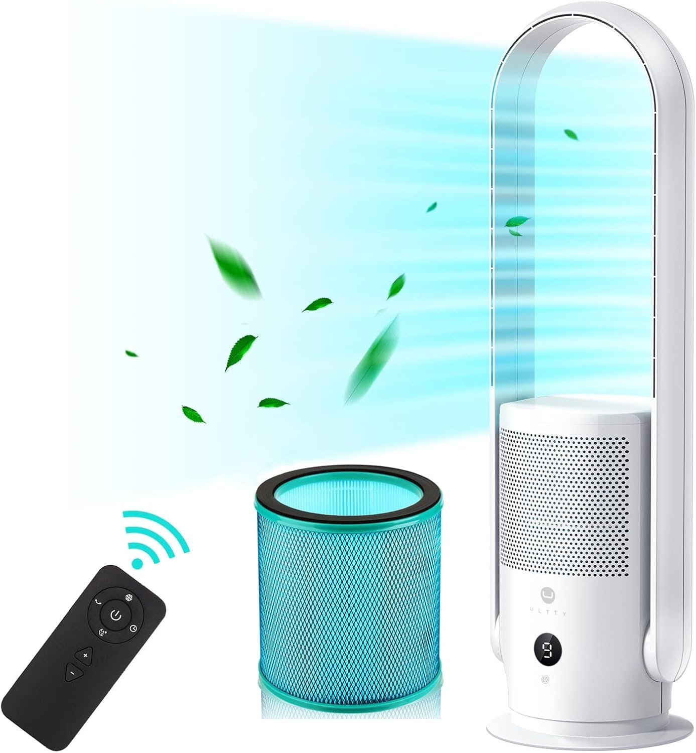 U ULTTY Bladeless Tower Fan & Air Purifier, True HEPA 99.97%, Large, White, Model SKJ-CR022, Oscillating with Remote Control