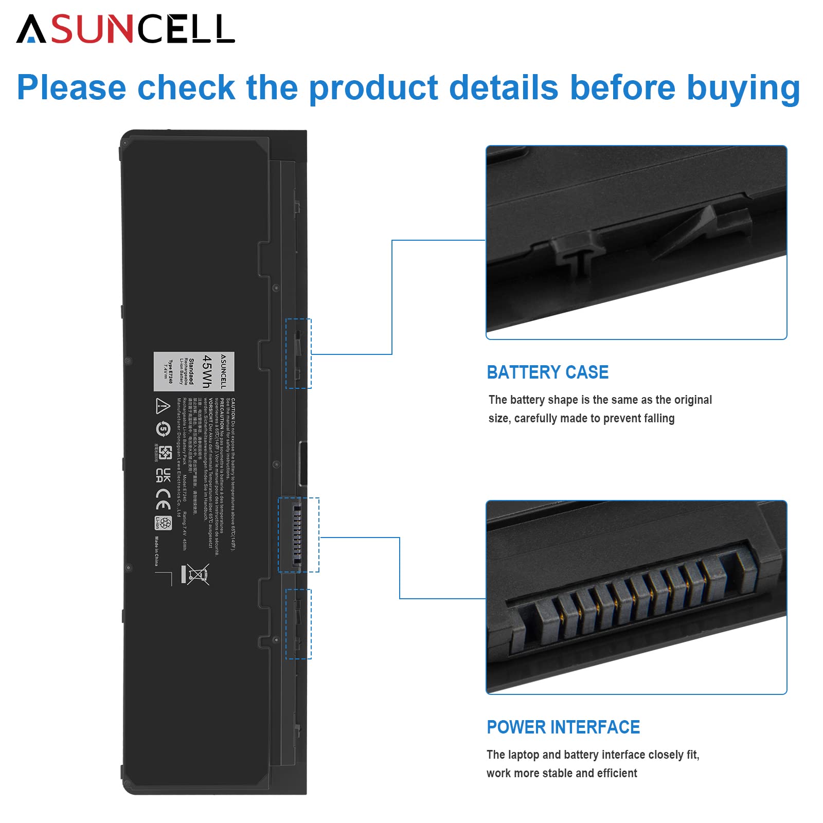 ASUNCELL Laptop Battery Replacement Dell Latitude E7240 E7250 Ultrabook 45Wh 7.4V Li-ion