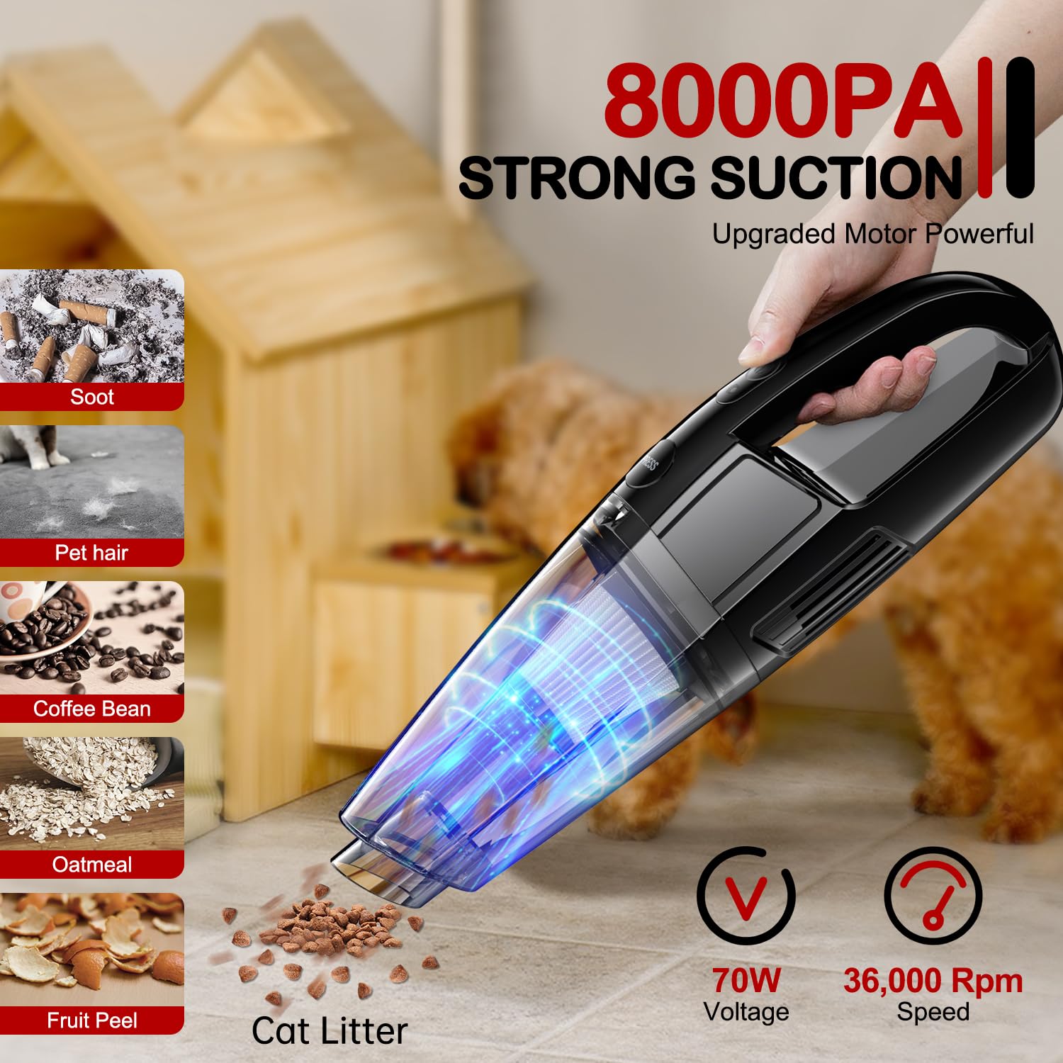 Bsrco Handheld Vacuum Cordless Rechargeable 8000Pa, Car Vacuum Portable Cordless, Hand Vacuum Rechargeable, 3 In 1, Lightweight,