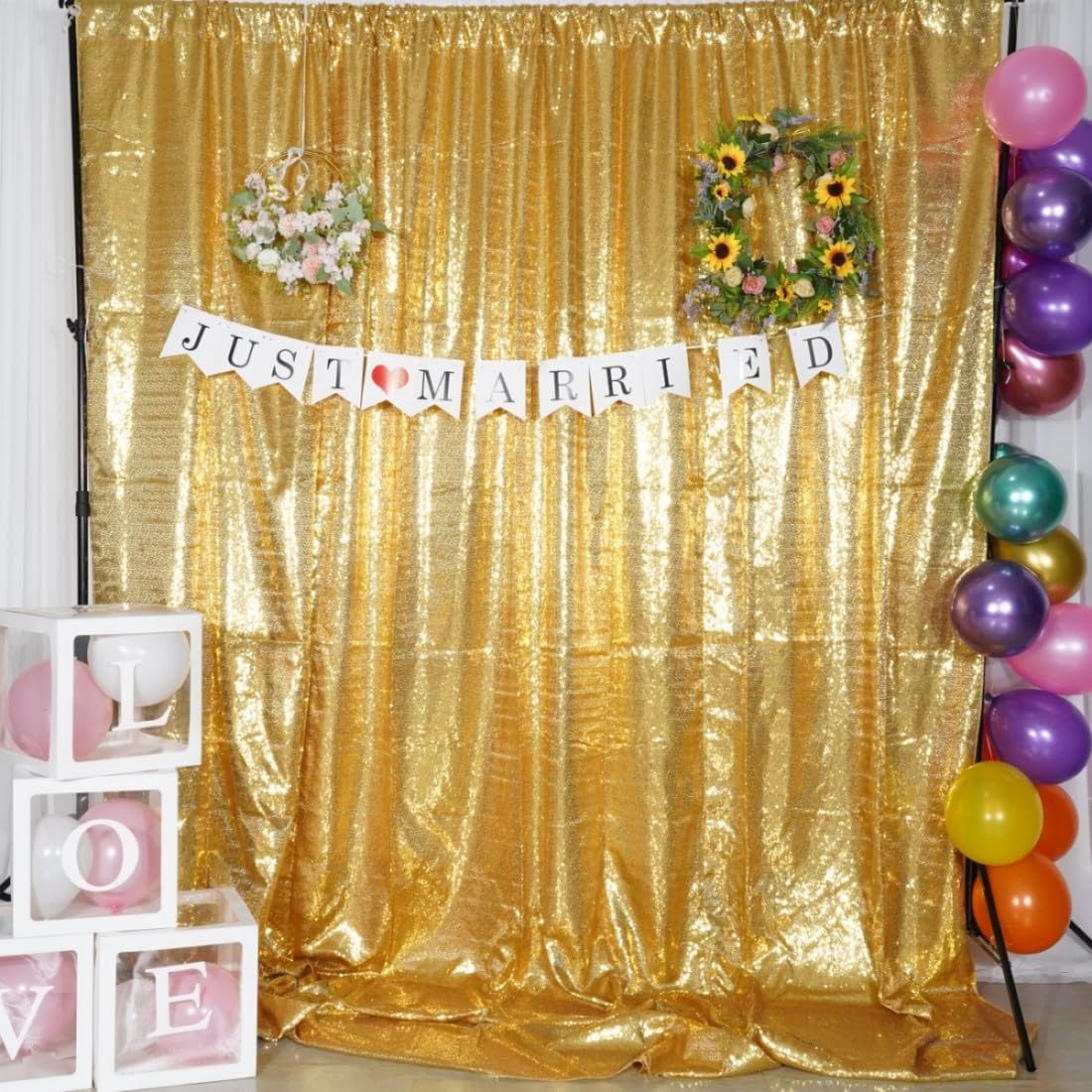 Poise3Ehome 6Ft X 8Ft Gold Sequin Backdrop, Glitter Thick Satin Background Drapes, Sparkly Opaque Photography Curtain, Sequence