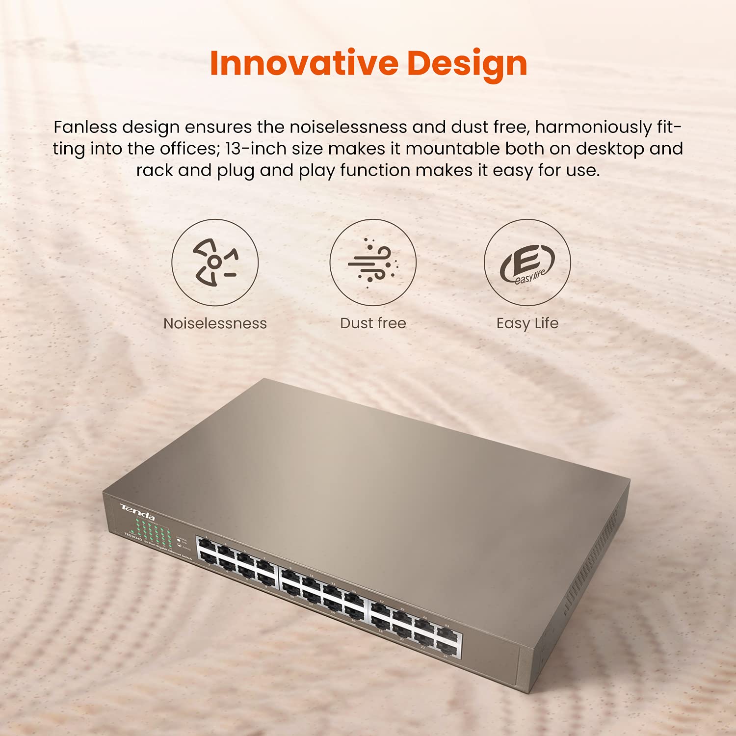 Tenda Teg1024D, 24 Port Gigabit Switch, Unmanaged Desktop Network Hub, Office Ethernet Switch, Fan Less Metal Design, Plug & Pla