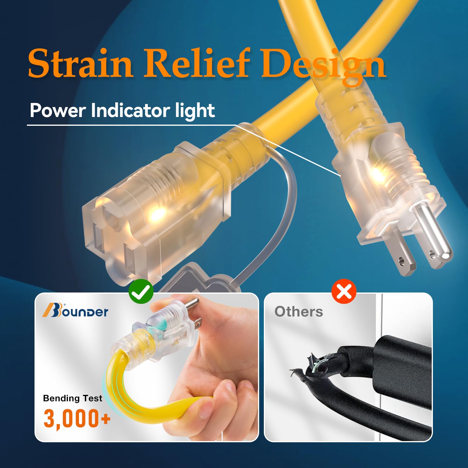 Bbounder 12 Gauge Extension Cord 200 Ft With Lighted And Yellow Jacket, 15A 1875W Heavy Duty Outdoor Extension Cord Waterproof W