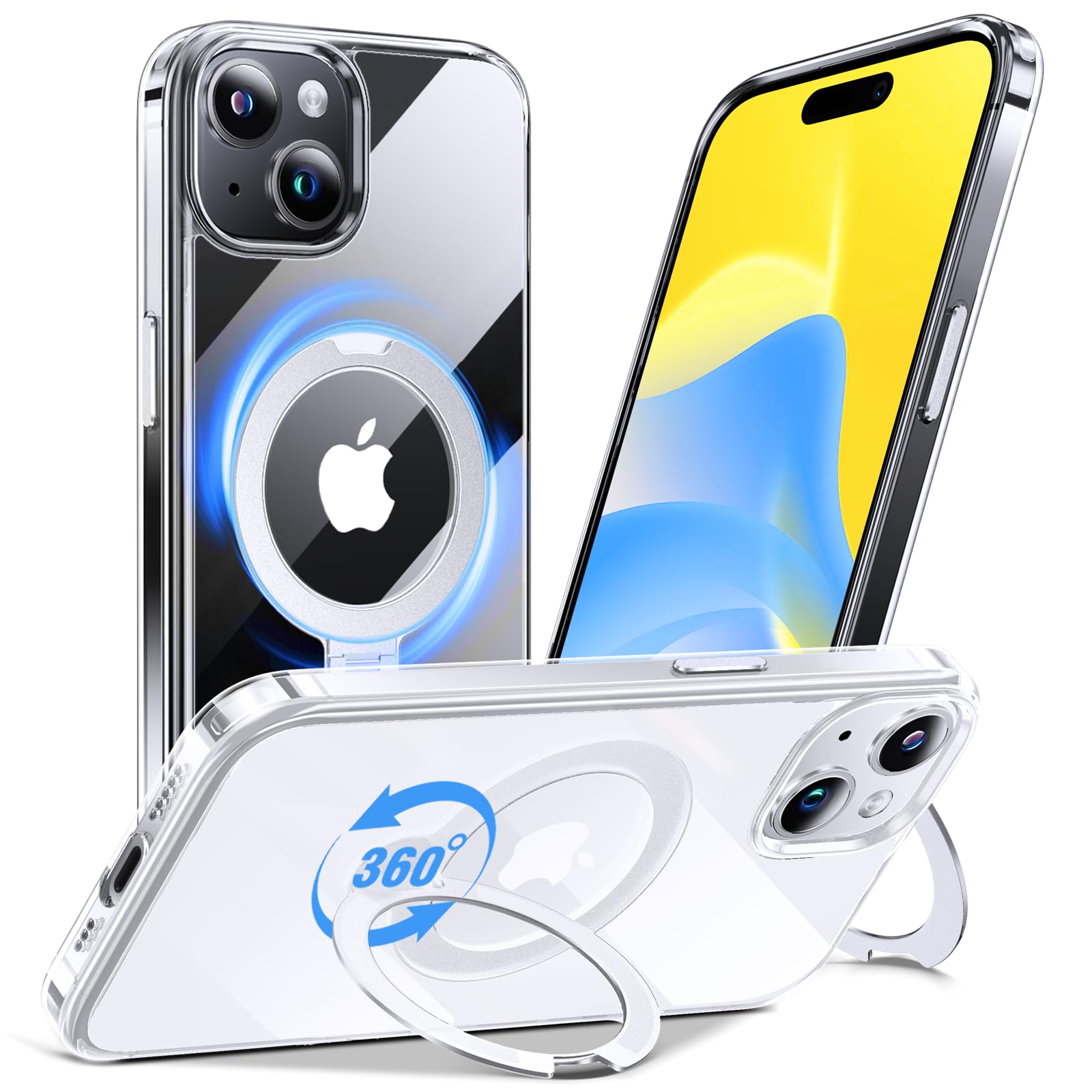 Anqrp 360 All-in-ONE Crystal Clear Case for iPhone 15 with Rotatable Magnetic Stand, Compatible with MagSafe, Anti-Yellowing Tra