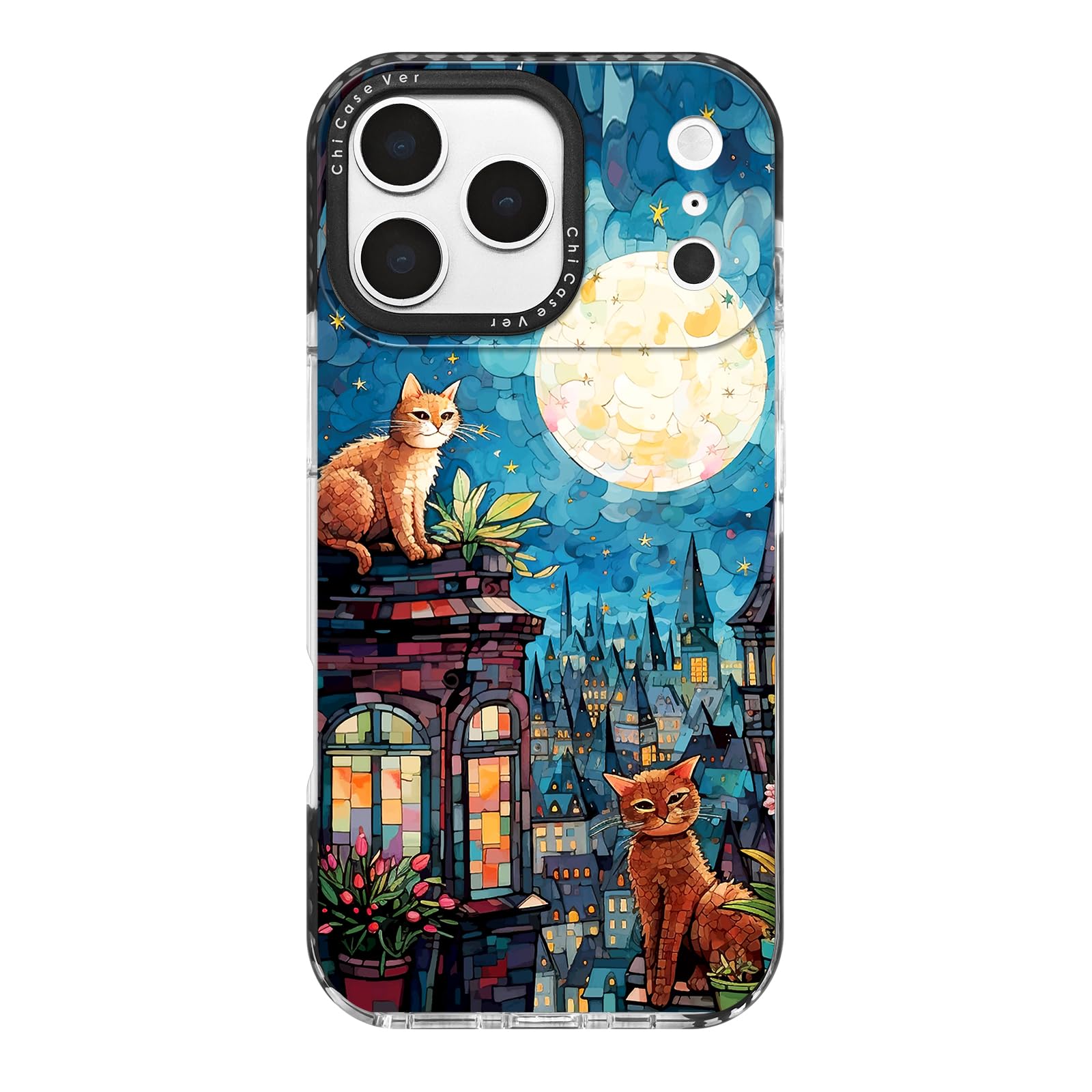 ChiCaseVer for iPhone 17 Pro Case, Starry Night Cats on Rooftop Pattern, Military-Grade Drop Protection, Magic Fantasy Soft Slim