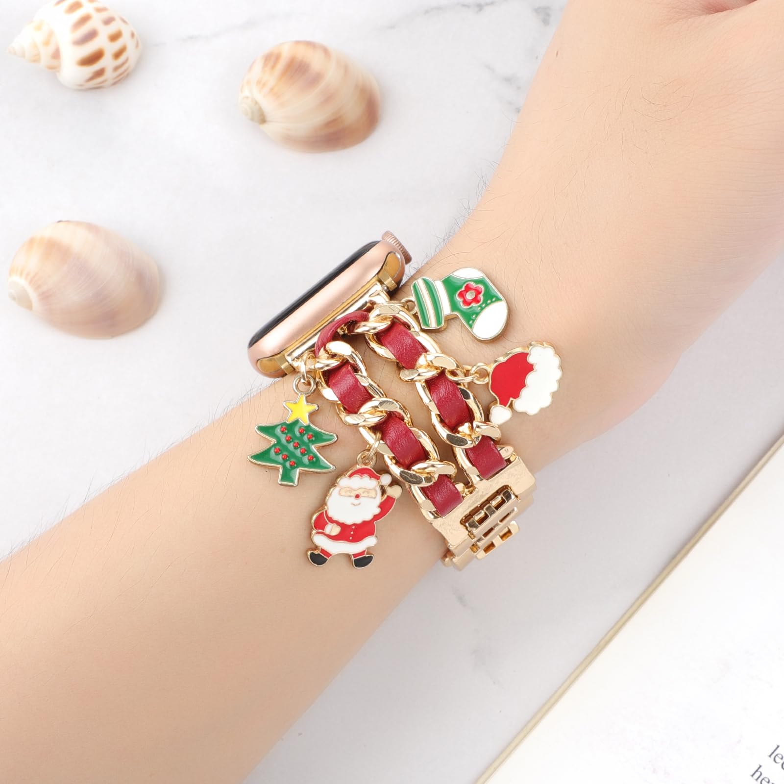 Realsign Stylish Metal Wristband Compatible With Apple Watch Band 42Mm 44Mm 45Mm 49Mm,Cuban Chain With Christmas Tree Santa Clau