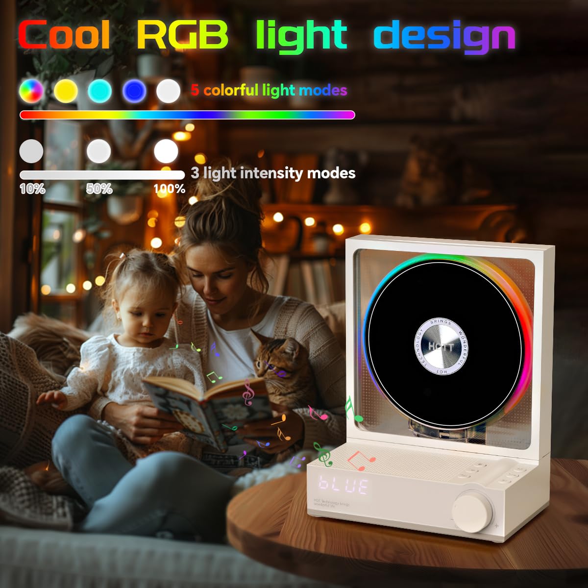 MANAYO Portable CD Player Bluetooth 5.3 with Speakers RGB Light Timer Optical Output White