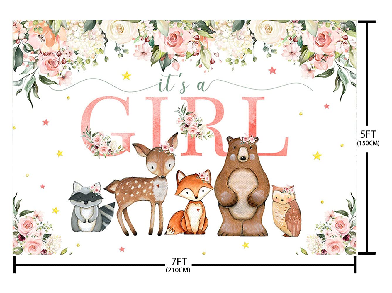 Ablin 7X5Ft Woodland Baby Shower Backdrop For Girls Pink Flowers Photography Background Woodland Animals Baby Shower Decorations