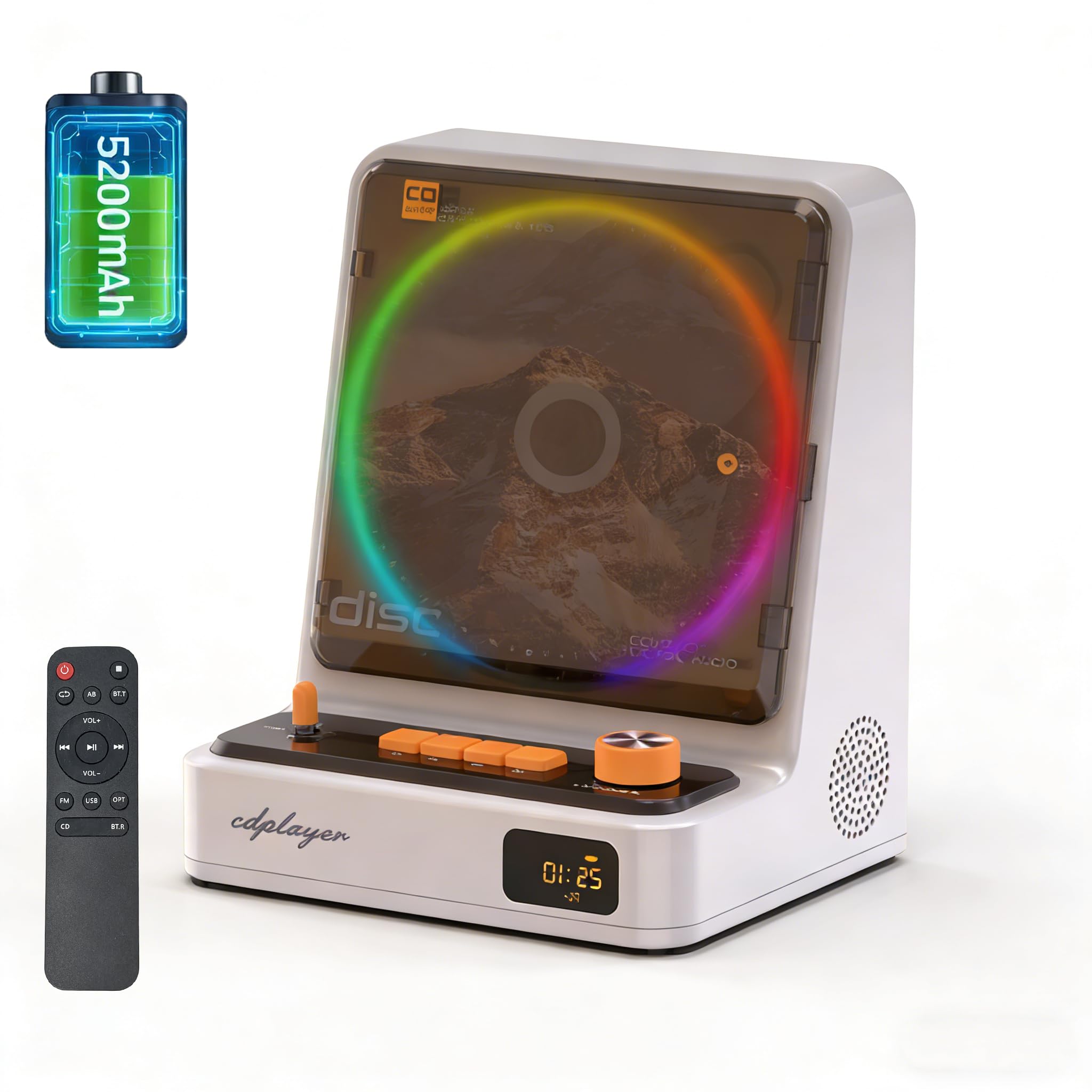 Portable Bluetooth CD Player Desktop with Dual Stereo Speakers, 5200mAh Rechargeable, Colorful Ambient Light, FM Radio, Remote C
