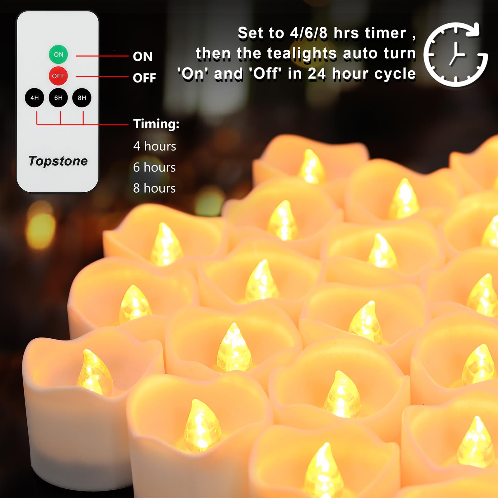 Topstone Flameless Candles,Battery Operated Led Tea Lights Candles With Remote Control And4/6/8H Timer  Set Of 12,Best For Holid