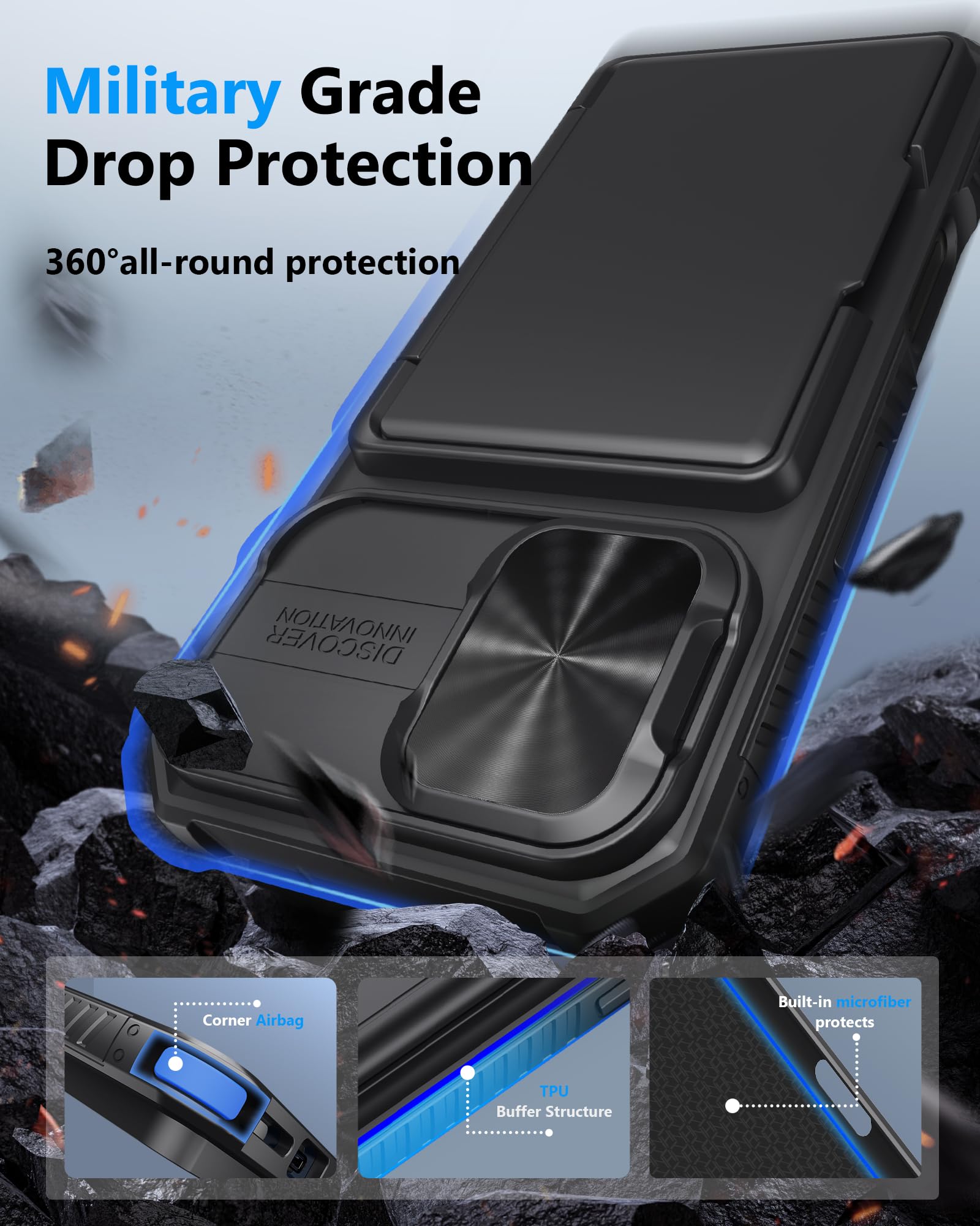 Atatoo For Iphone 16 Case With Card Holder (Store 3 5 Cards) [Rfid Blocking] & Slide Camera Cover, Military Grade Protection, Ru