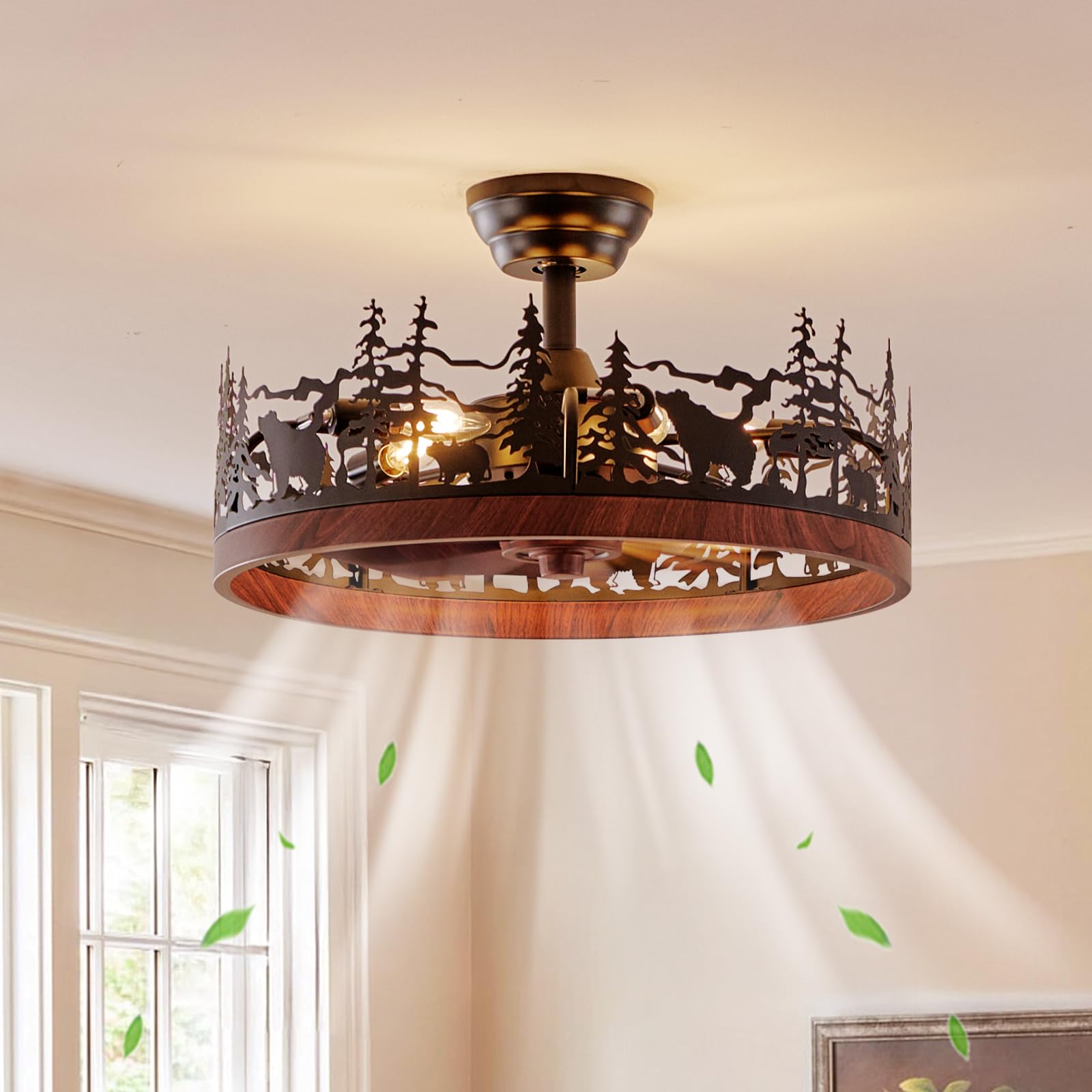 Monikessy Farmhouse Rustic Ceiling Fan with Light and Remote, 21.7 Flush Mount Enclosed Bladeless Black Chandelier Fan with Fore