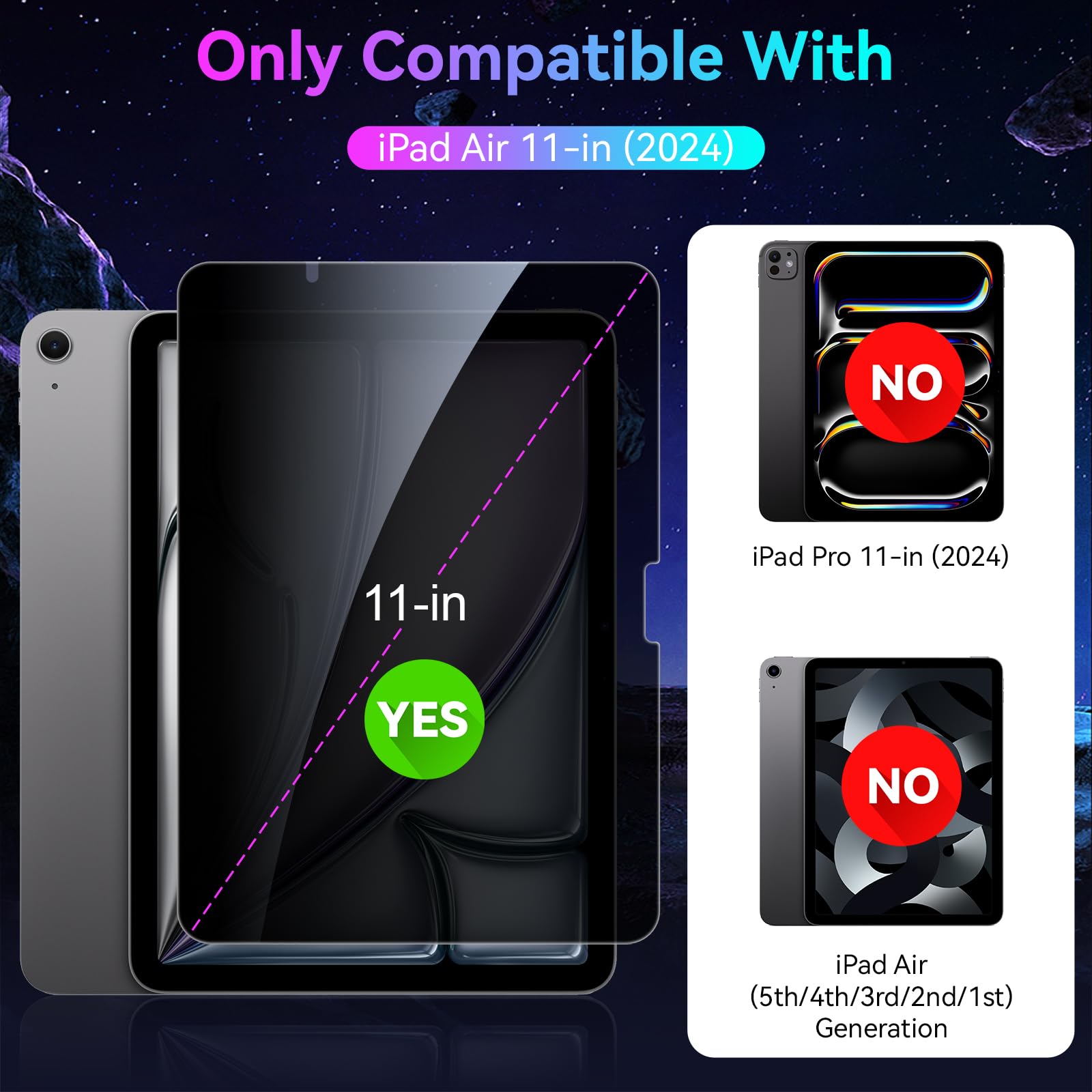 Esanik 360 Degree 4 Way Anti Spy For Ipad Air 11 Inch M2 (2024) Privacy Screen Protector Tempered Glass, Installation Frame, 9H