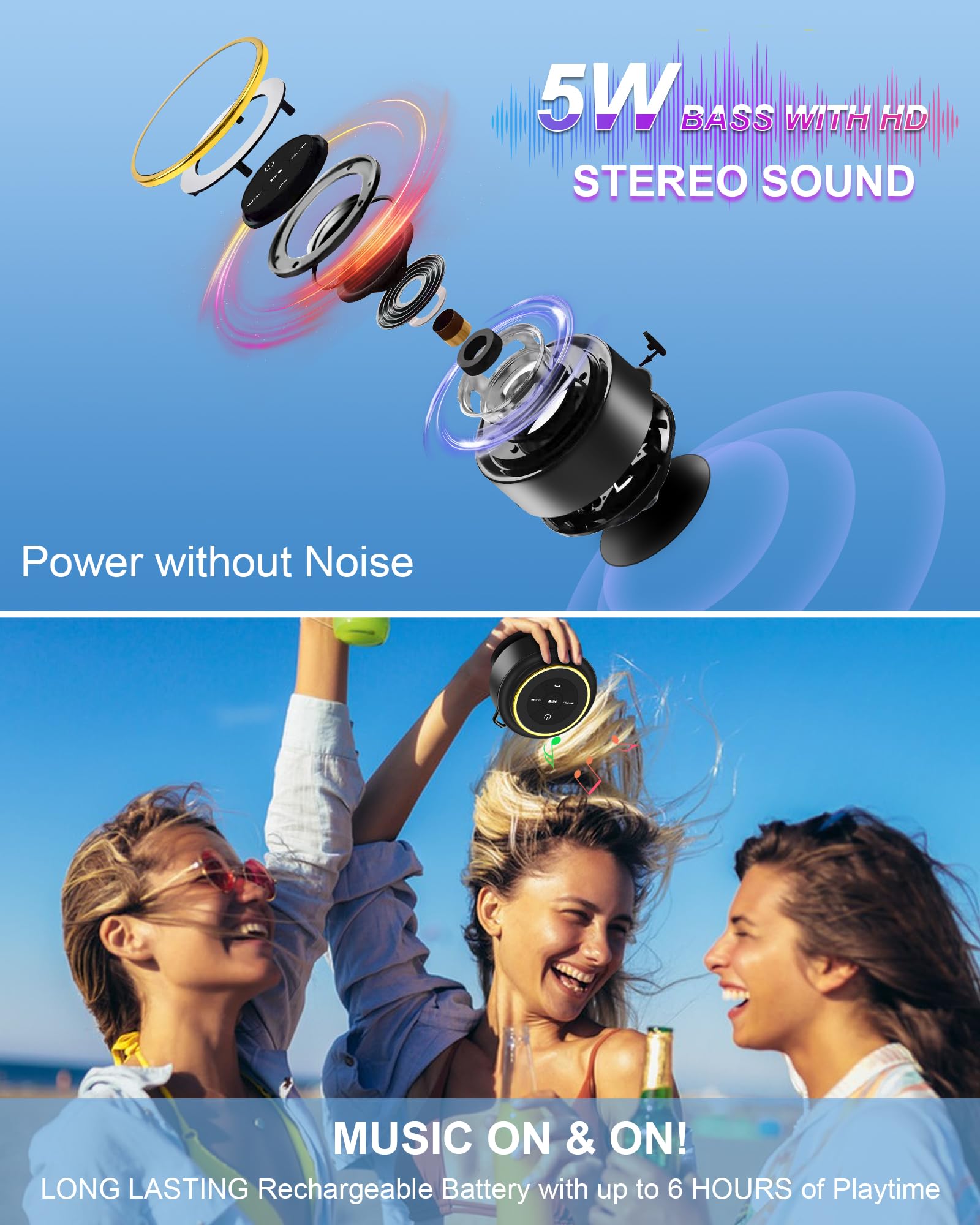 Razobws Bluetooth Shower Speaker, Portable Bluetooth Speakers, Ip67 Waterproof Wireless Speaker With Suction Cup & Carabiner, Bu