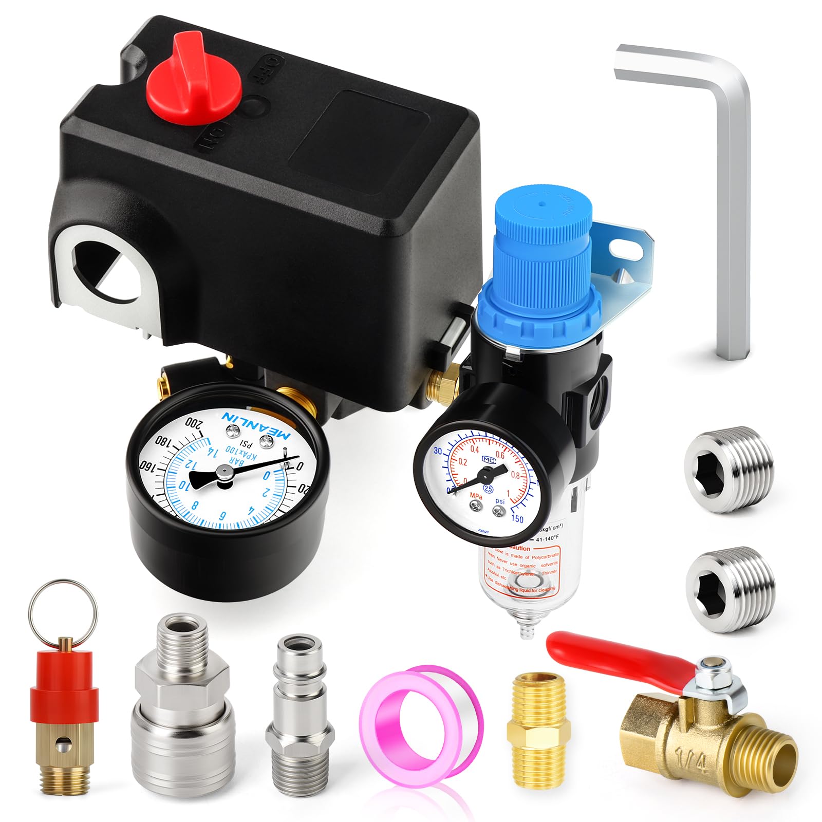 MEANLIN MEASURE Air Compressor Pressure Switch Control Valve 120-155 PSI 110V-240V 4-way Lateral Port Replacement Parts With AFR