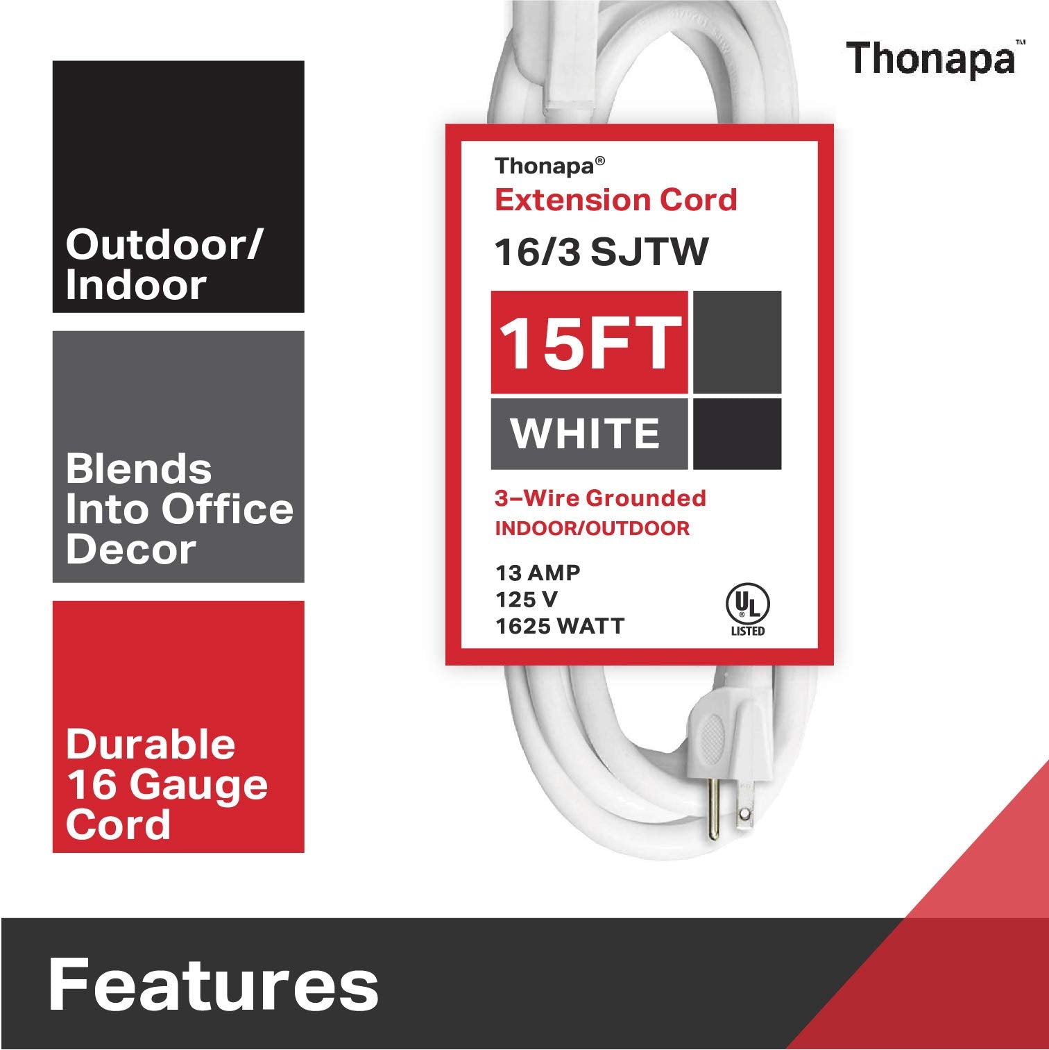 Thonapa 15 Ft Extension Cord With 3 Prong   White Extension Cord 15Ft   16/3 Sjtw Electrical Cable Great For Home & Office