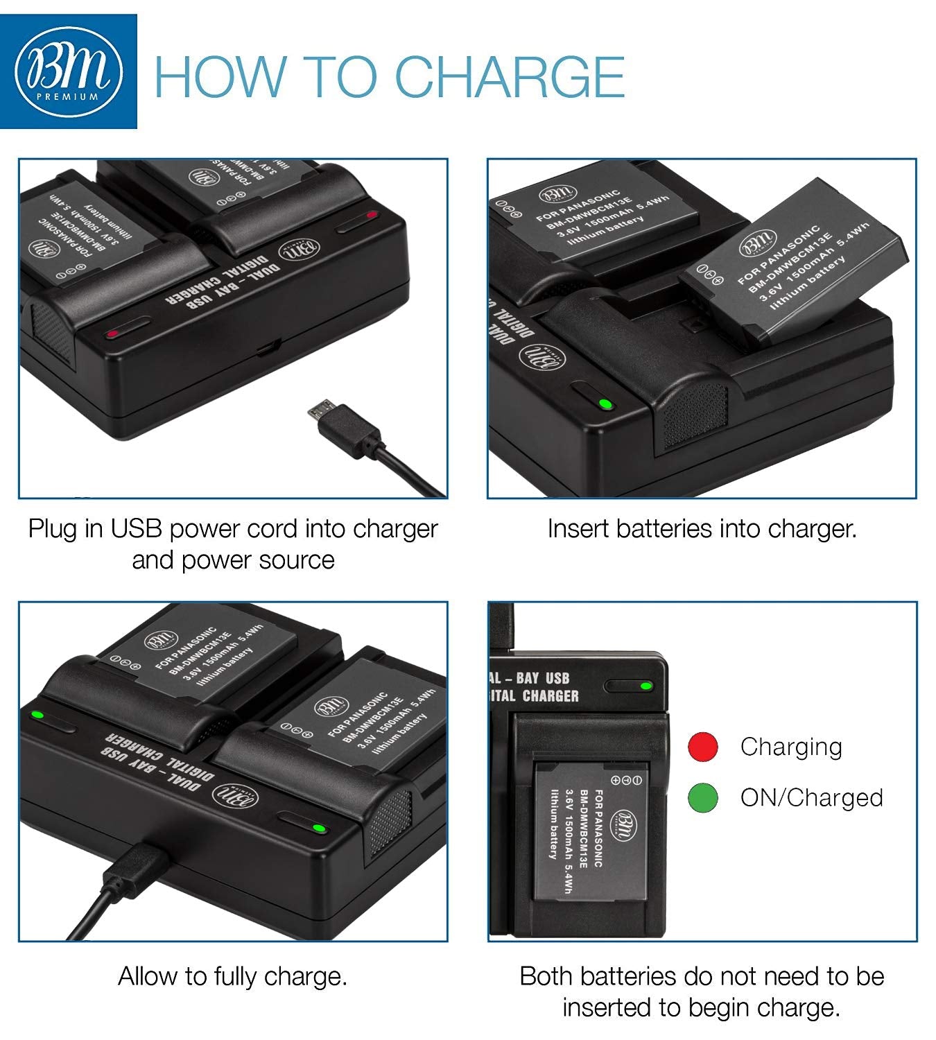 BM 2 Pack of DMW BCM13E Batteries and Dual Battery Charger for Panasonic Lumix DC TS7,DMC FT5A, LZ40, TS5, TS6, TZ37, TZ40, TZ41, TZ55, TZ60, ZS27, ZS30, DMC ZS35, DMC ZS40, DMC ZS45, DMC ZS50 Camera