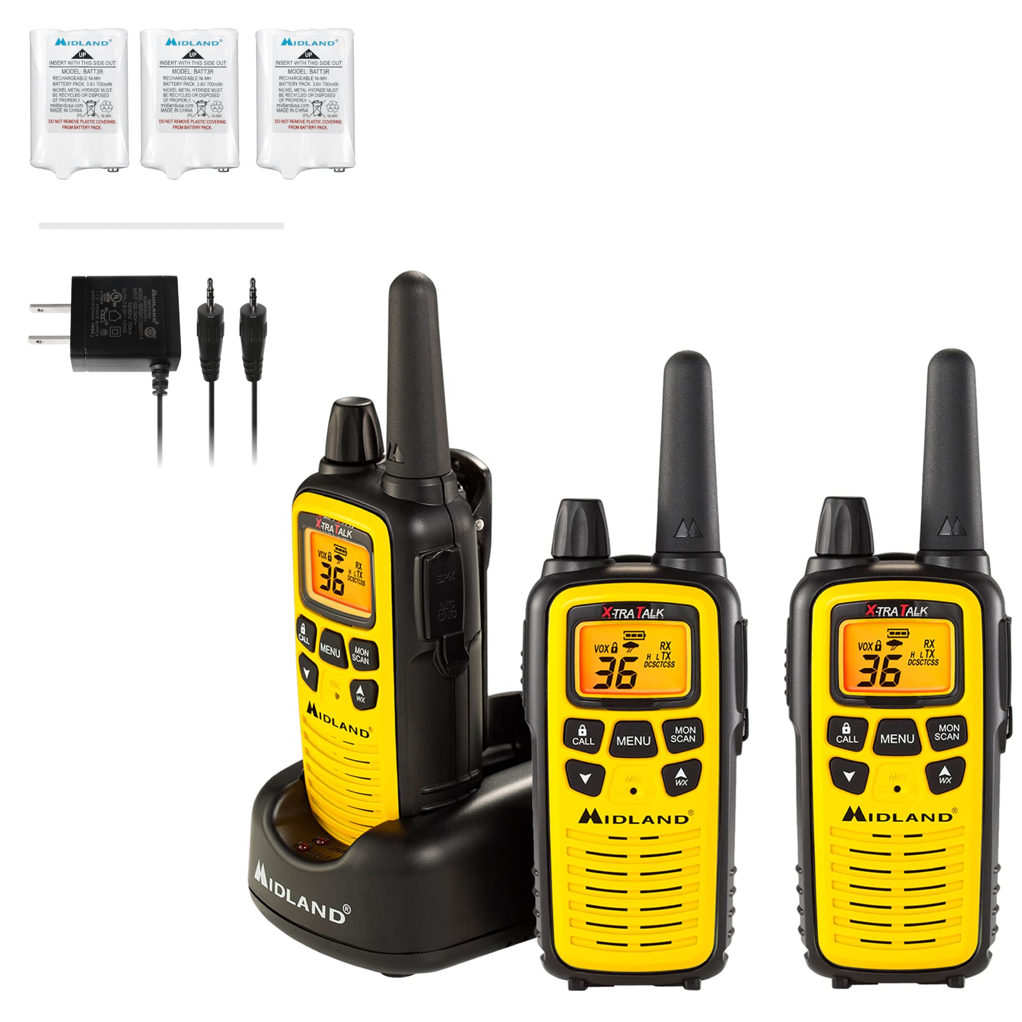 Midland 36 Channel Frs Two Way Radio   Long Range Walkie Talkie, 121 Privacy Codes, Noaa Weather Scan + Alert (Yellow/Black, 3 Pack)