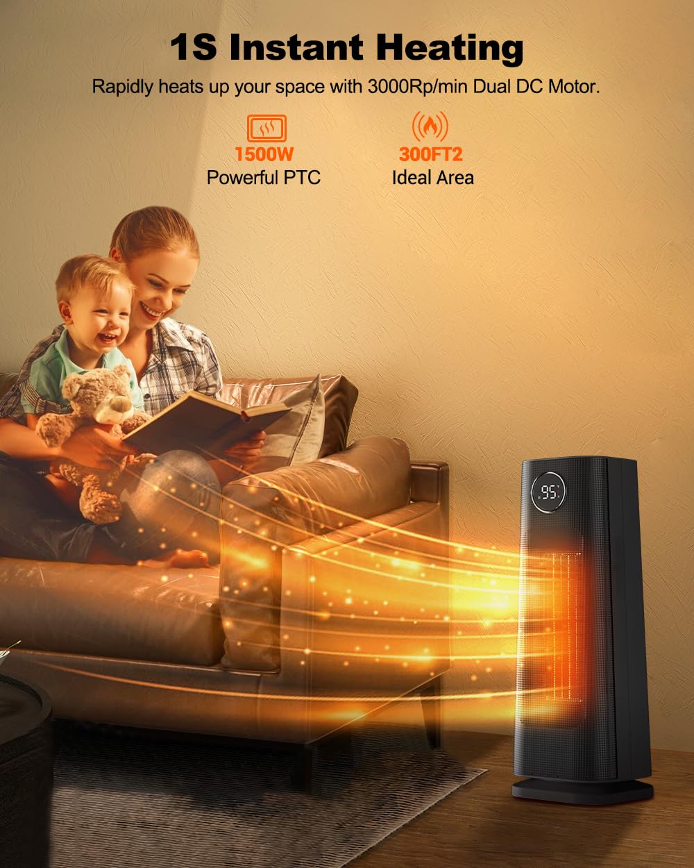 Wind Talk Space Heater For Indoor Use, 1500W Fast Electric Portable Ceramic Heaters With Thermostat, 4 Modes, 24H Timer, 70Oscil