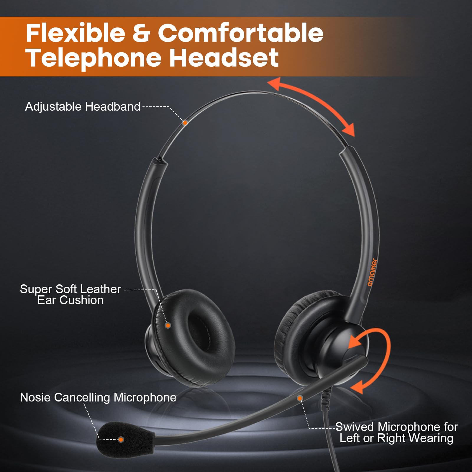 Corded Telephone Headset With Noise Cancelling Mic, Call Center Office Headset With U10P Bottom Cable Rj9 Plug Works For Polycom