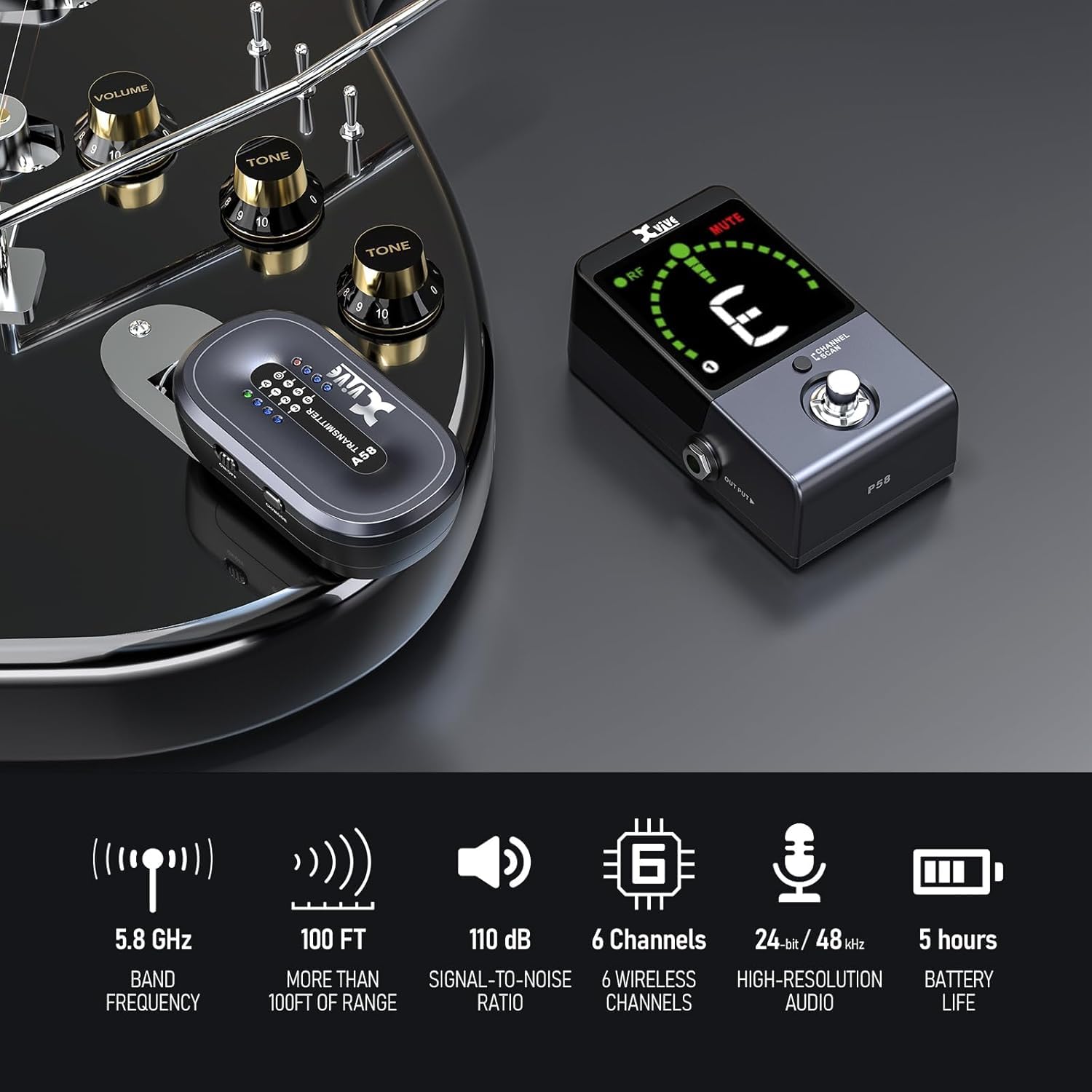 Xvive P58 Wireless Guitar Pedal System 5.8Ghz Wireless Guitar Transmitter And Chromatic Tuner Pedal Receiver For Active Or Passi