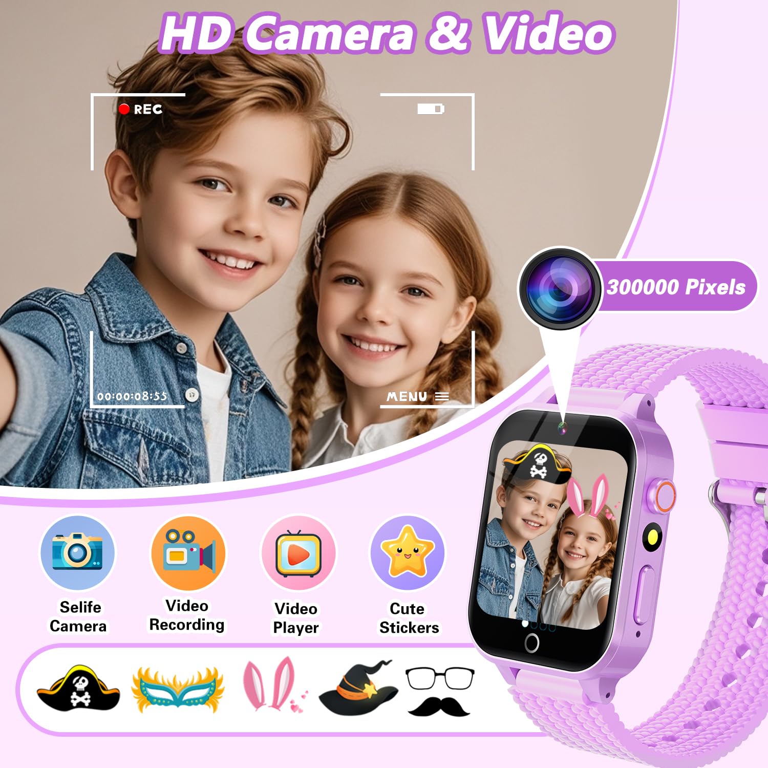 Smart Watch For Kids Girl Gift Ages 3-12, 2 Screen Protector, 26 Puzzle Games, Hd Camera Video Music Player Touchscreen Pedomete