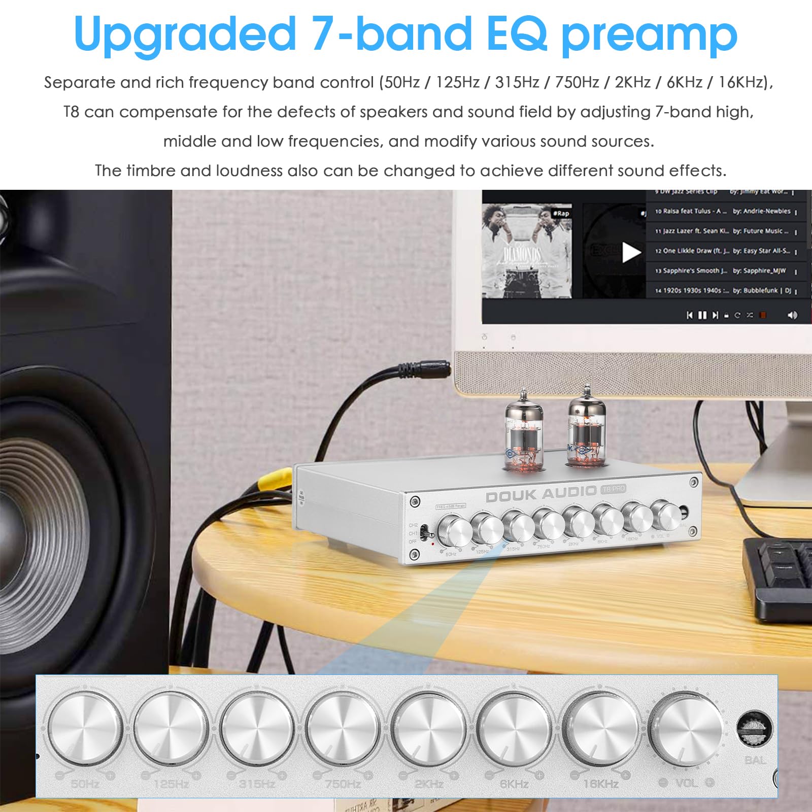 Douk Audio Hifi Vacuum Tube 7 Band Eq Preamp Equalizer Xlr Pre Amplifier Home (T8 Pro Silver)