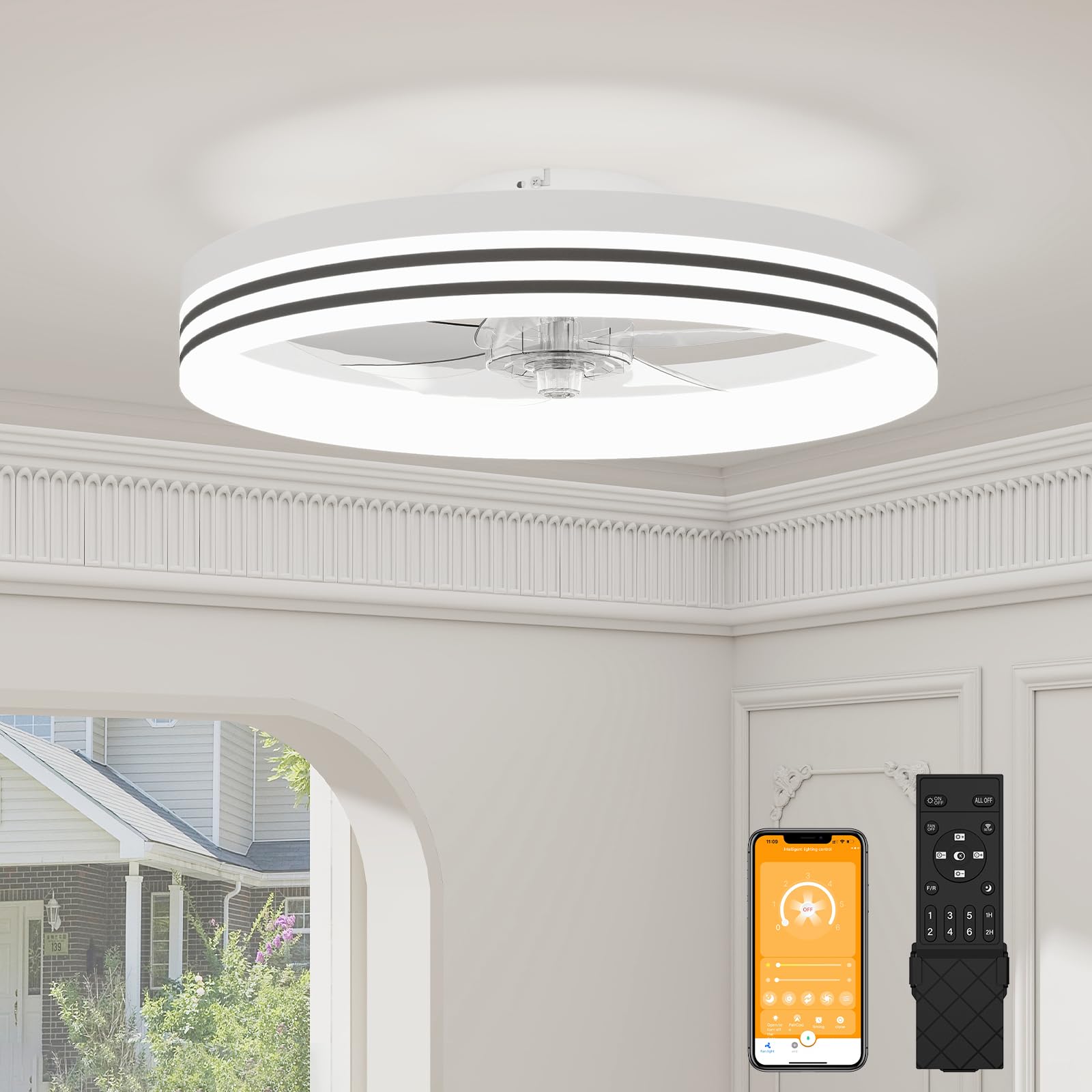 VOLISUN Low Profile Ceiling Fans with Lights and Remote, 19.7in Flush Mount Ceiling Fan with Light, 3000K-6500K Dimmable Fandeli