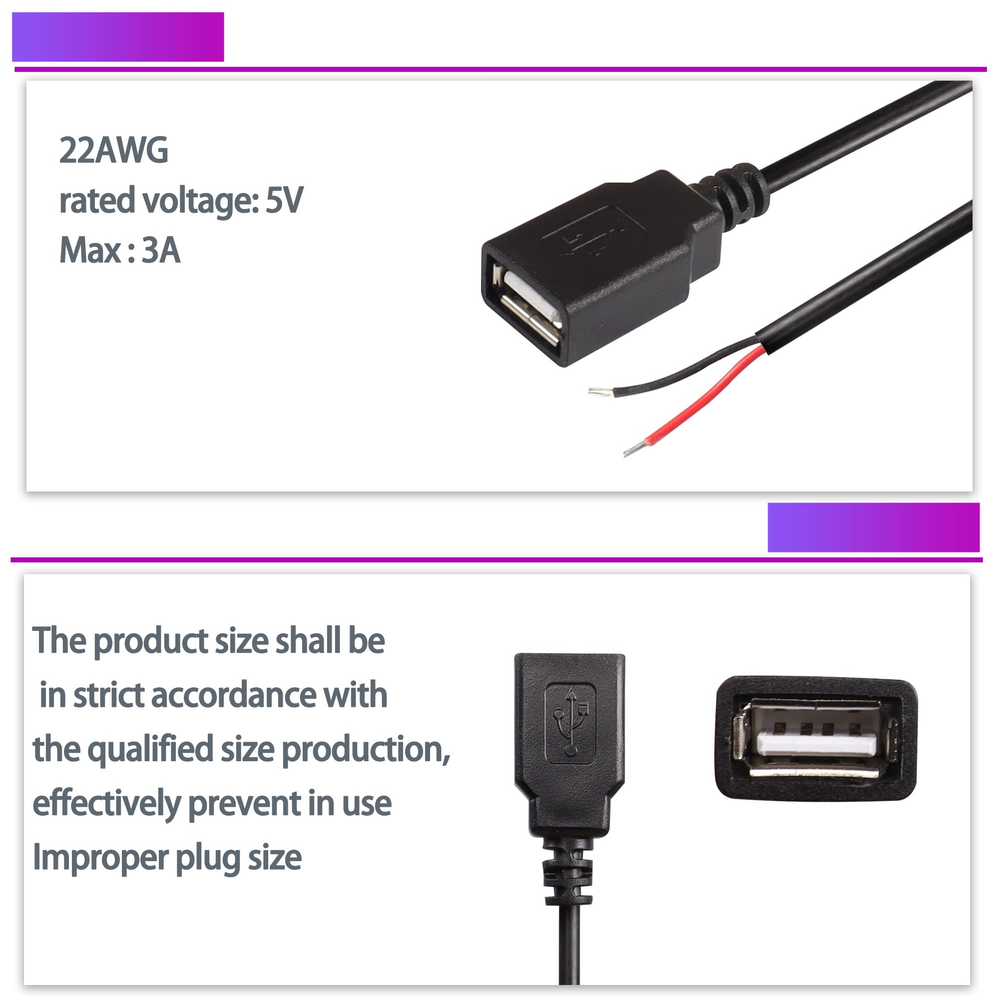 Xmsjsiy Usb 2.0 Female Pigtail Cable Extension Power Cable 22Awg 5V 3A Usb A Socket To 2 Pin Bare Wire Open End Connector For Di