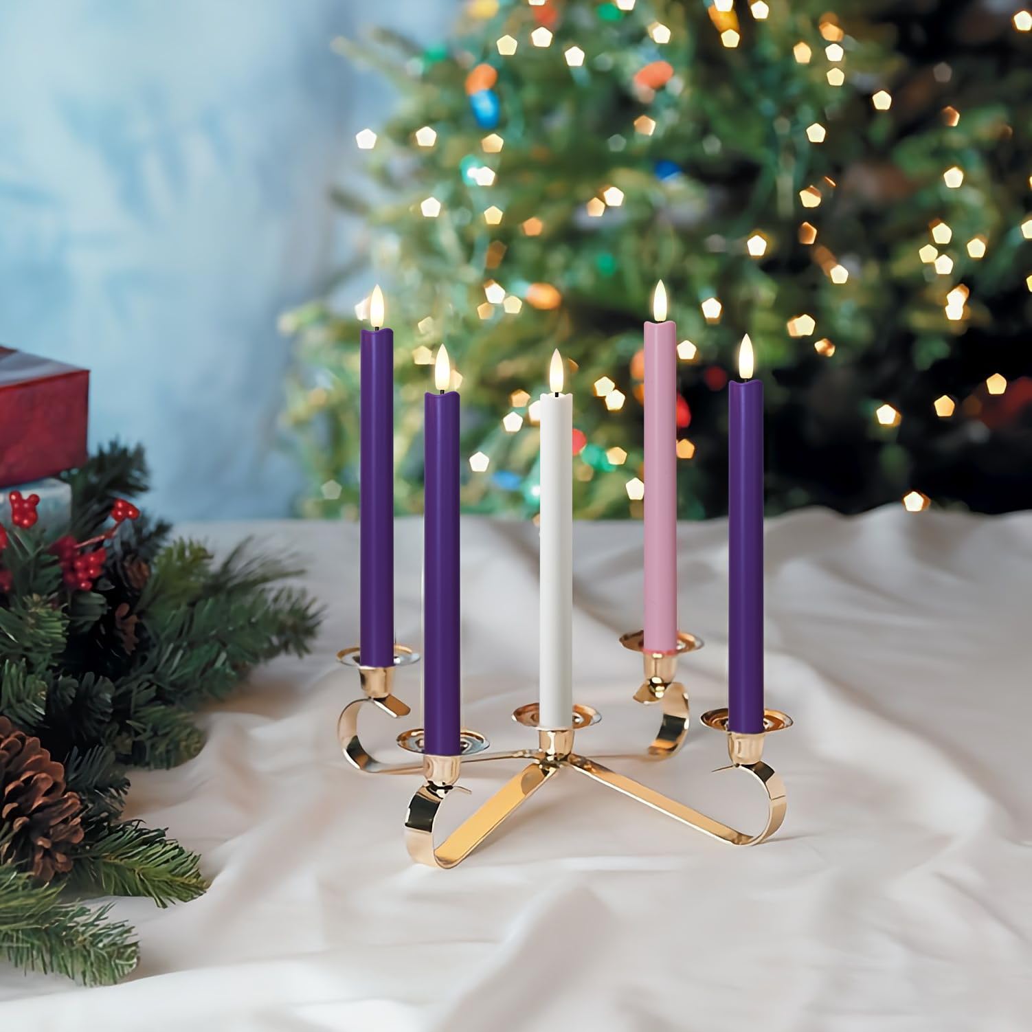 Stmarry Flameless Advent Candles, Set Of 5   Flickering Led Flame, 10 Inch Taper Candlesticks, Remote Controlled   3 Purple, 1 P