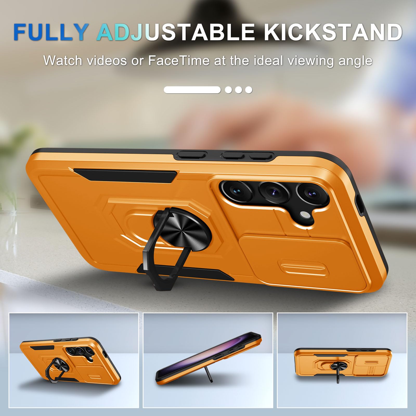 Janmitta Compatible With Samsung Galaxy S24 Case Built In Slide Camera Lens Cover+Screen Protector+Ring Holder,Heavy Duty Shockp