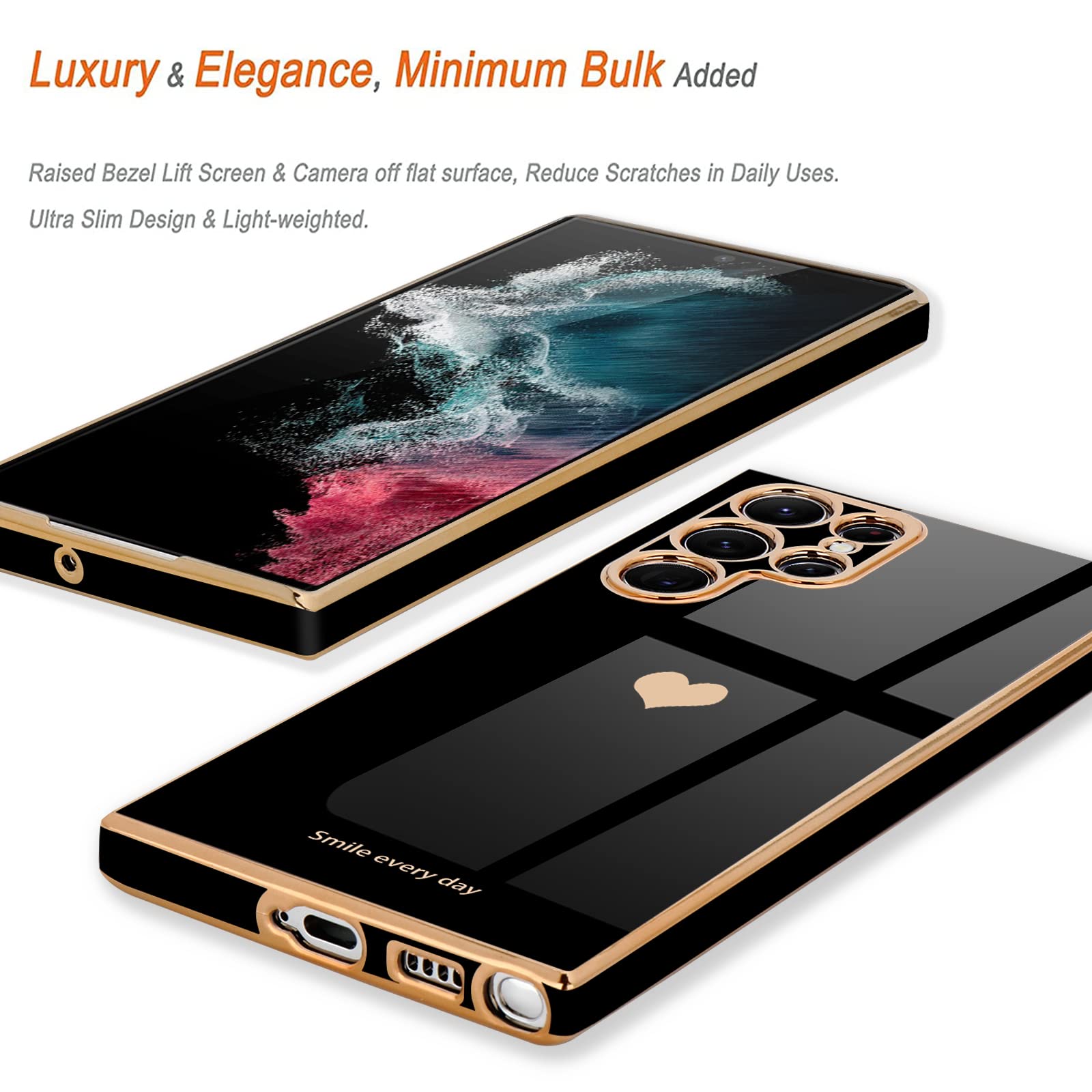 Teageo Galaxy S22 Ultra 5G Case   Cute Love Heart, Luxury Bling, Soft Silicone Bumper, Camera Protection, Black