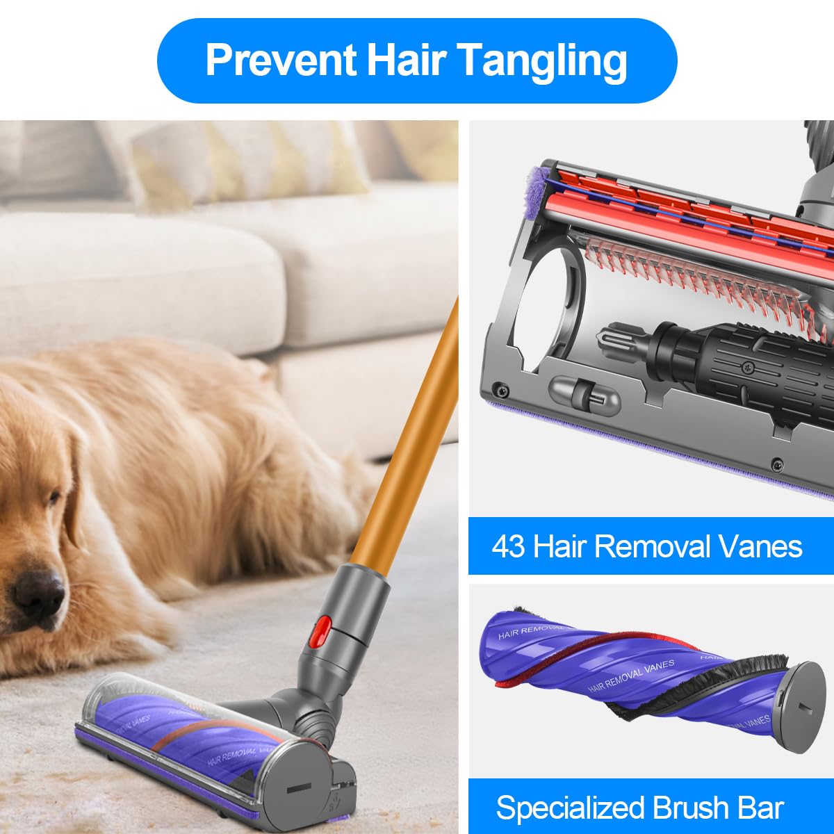 Funteck Anti Tangle Motorized Cleaner Head For Dyson V8 V10 V11 V15 Cordless Vacuums, Direct Drive Vacuum Head Replacing Part No