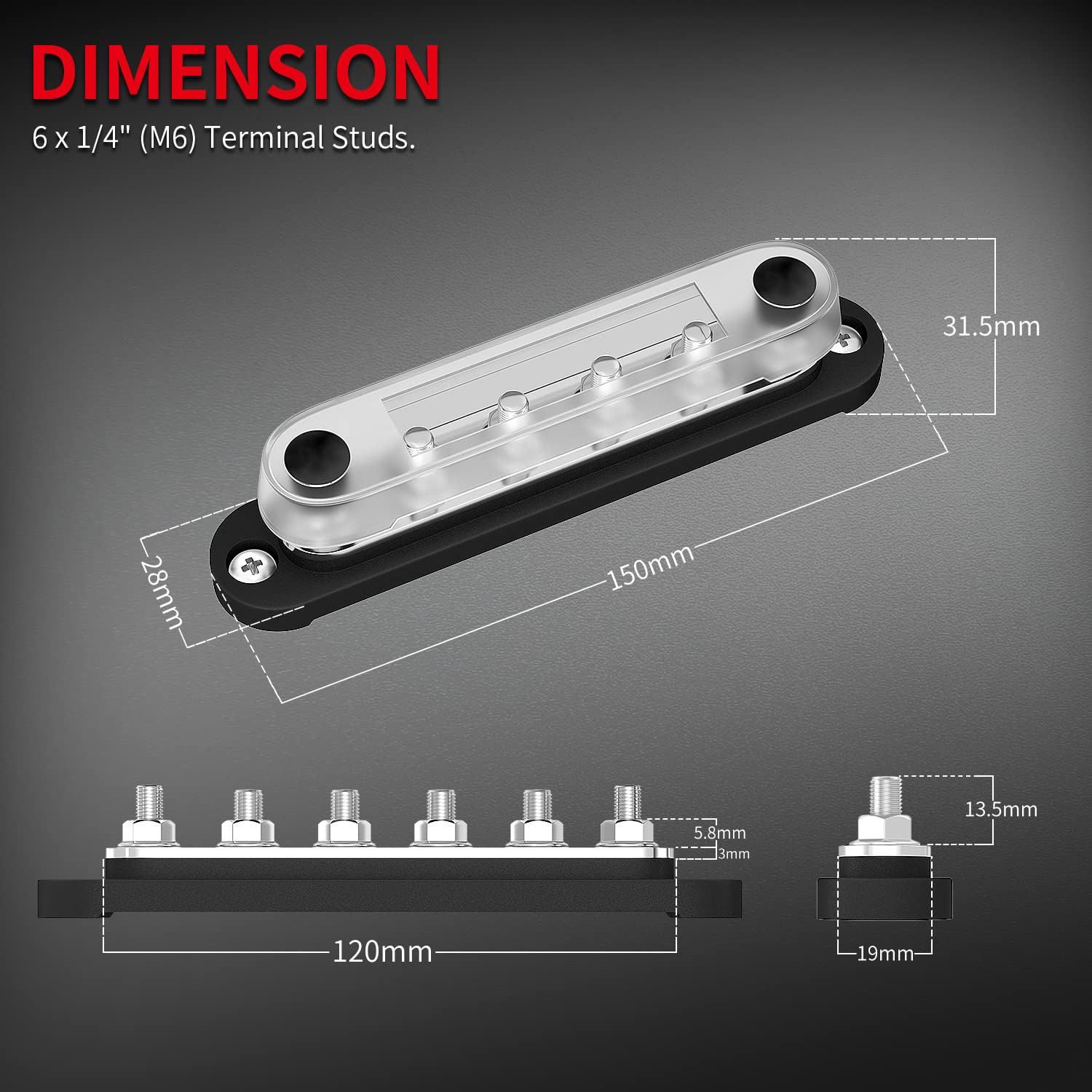 Daiertek Marine Bus Bar 12V 6 X 1/4'' (M6) Terminal Studs 12 Volt Bus Bar Power Distribution Block With Cover Max 300V Ac 48V Dc