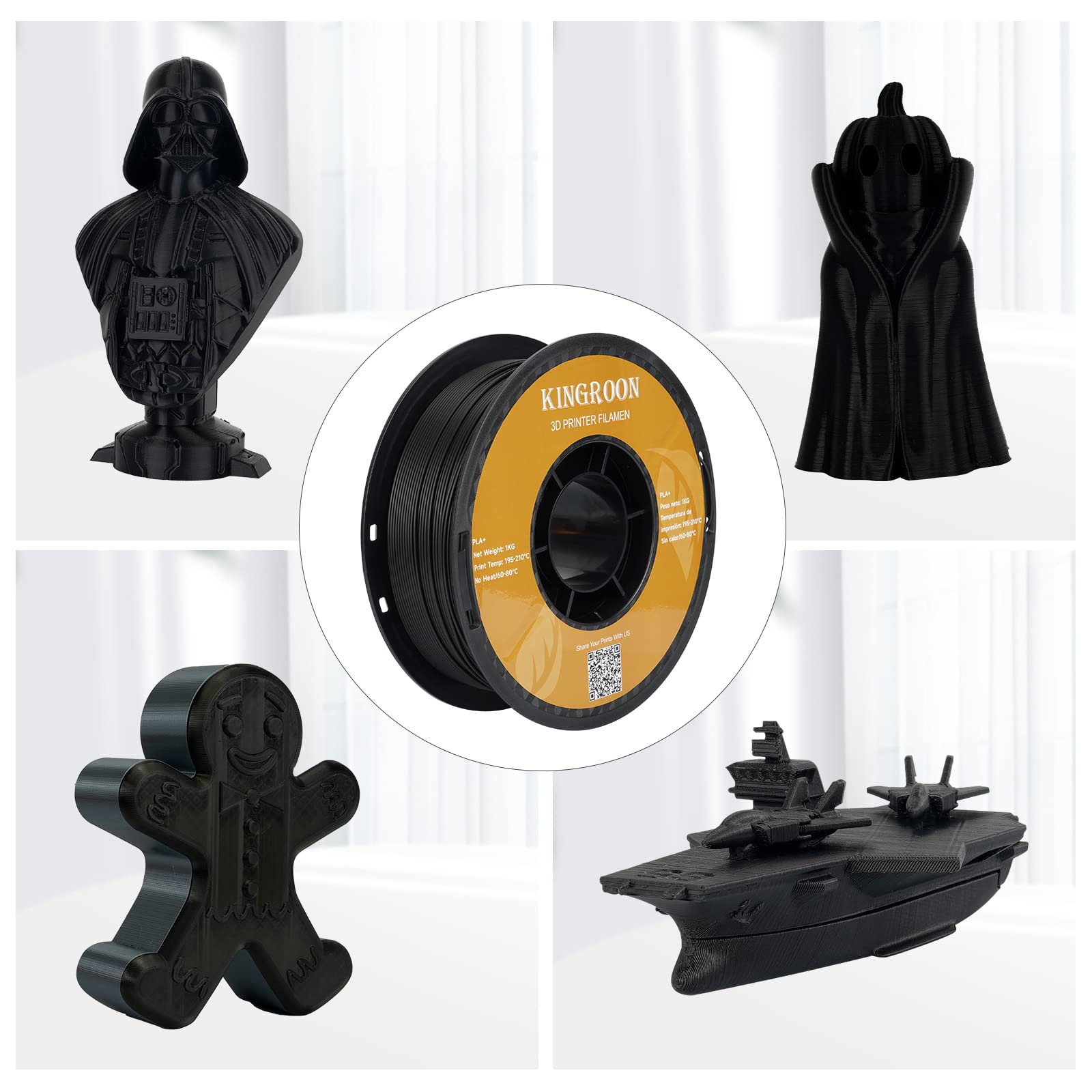 Kingroon Pla Plus(Pla+) 3D Printer Filament, Dimensional Accuracy +/- 0.03 Mm, 1 Kg Spool(2.2Lbs), 1.75 Mm,Black