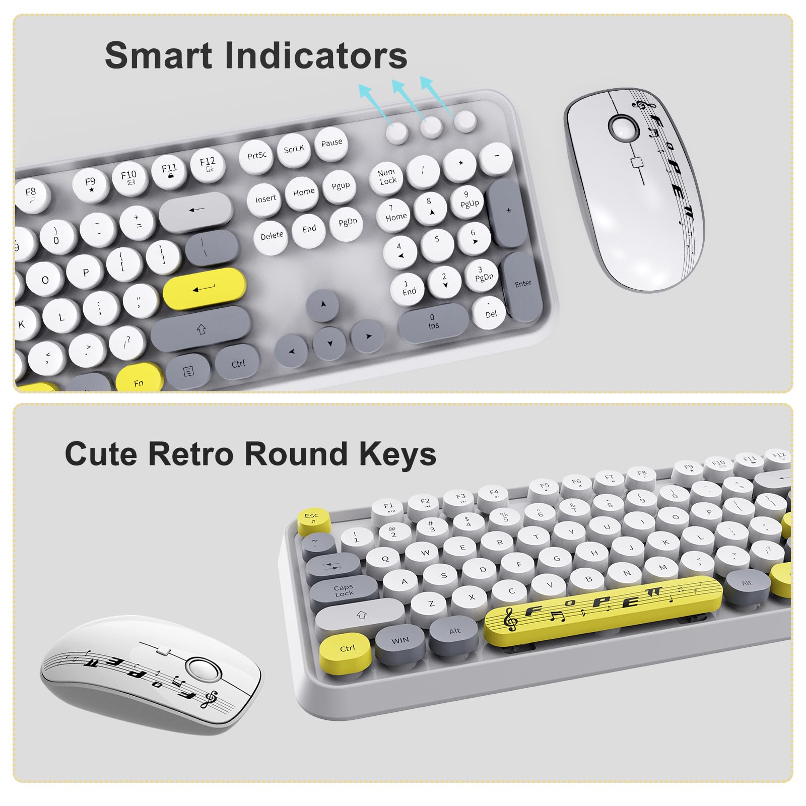 Wireless Keyboard Mouse Combo,Retro Typewriter Keyboard With Round Keycaps,2.4G Wireless Full Size Office Keyboard And Cute Mous