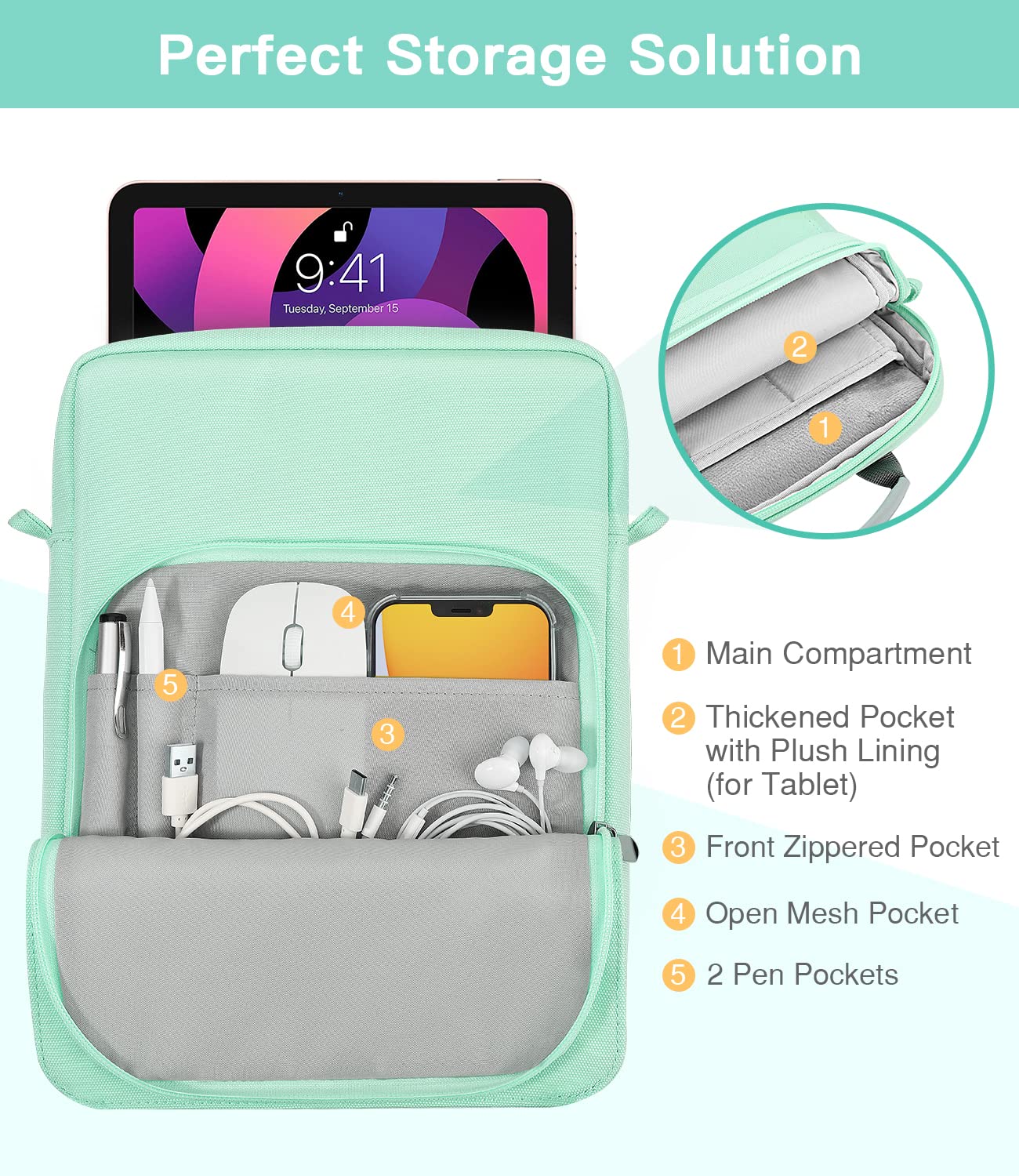 MoKo 9 11 Inch Tablet Sleeve Bag Handle Carrying Case with Shoulder Strap Fits New 11 inch iPad Pro M4/iPad Air M2, iPad 10th 10.9, iPad 9/8/7th 10.2, iPad Air 5/4th 10.9, Tab S8/S9 11, Mint Green