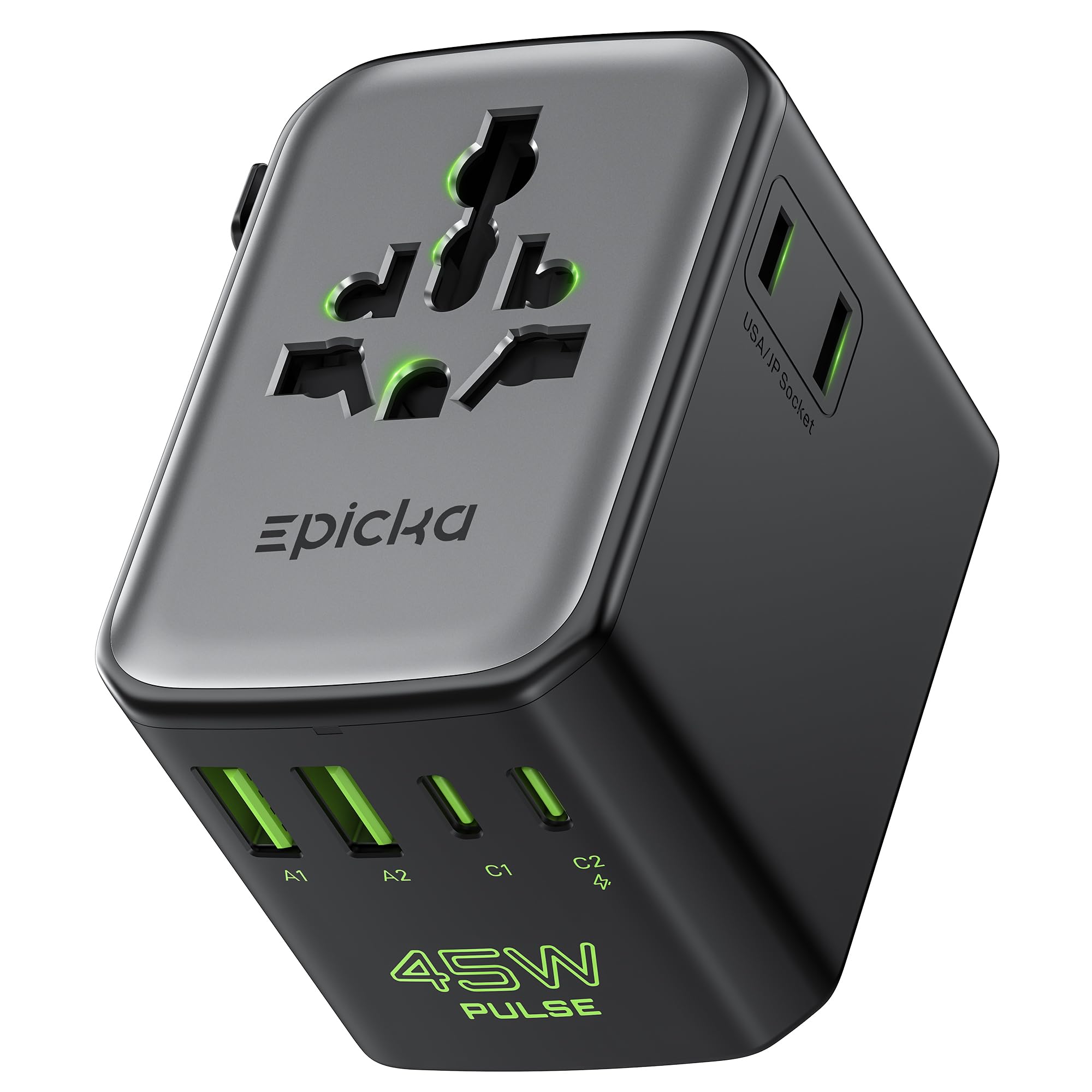 Epicka Pulse Duo 45W Universal Travel Adapter, International Power Adapter with PD & QC 3.0 Fast Charging for 2 Devices Simultan