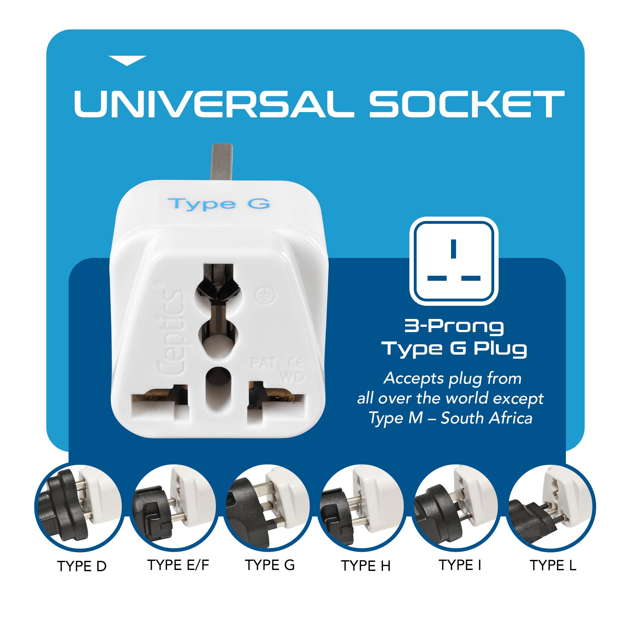 Ceptics Uk, Hong Kong, Ireland, Uae Travel Plug Adapter (Type G)   3 Pack [Grounded & Universal] (Gp 7 3Pk), White, Standard